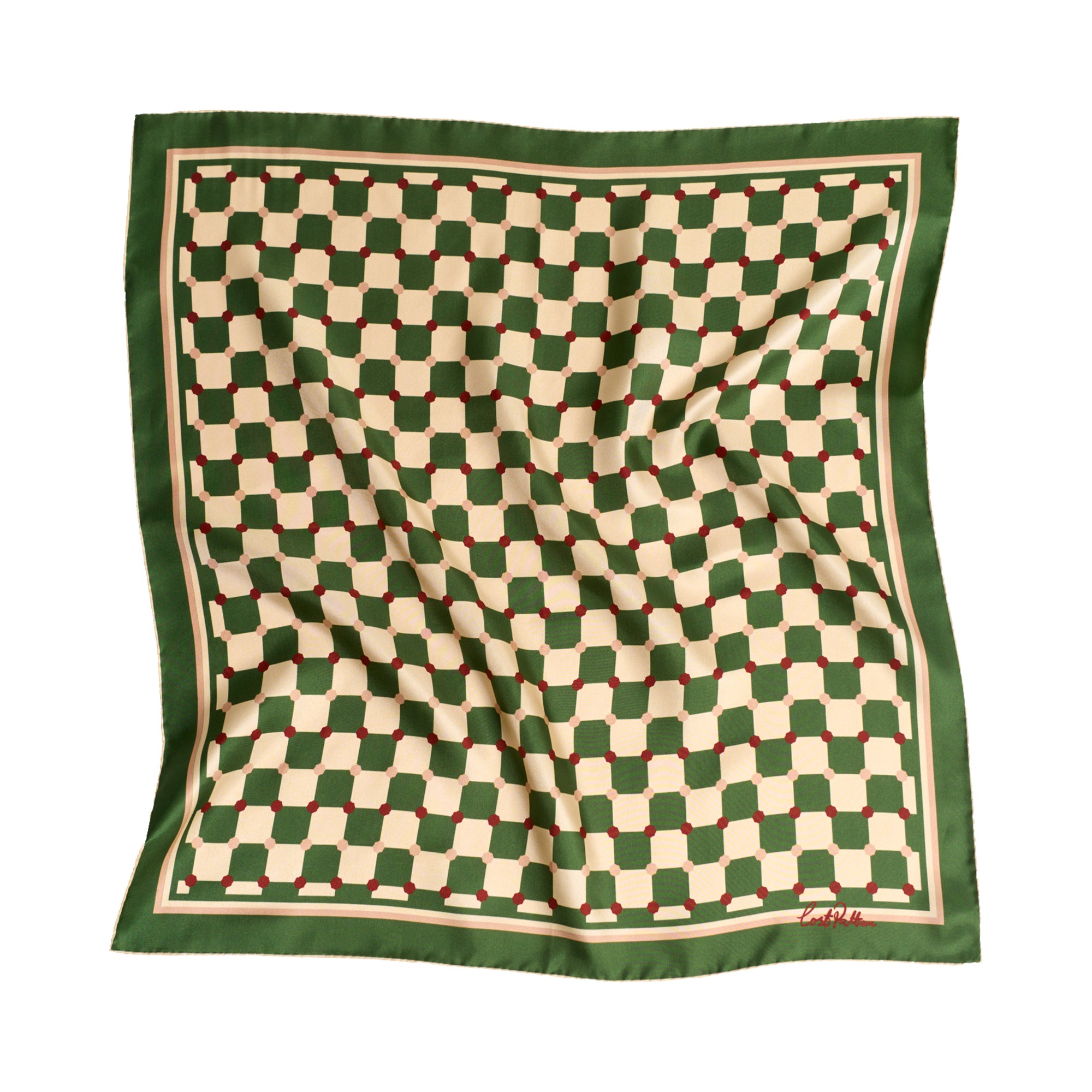 "Checkerboard" Silk Bandana Scarf - Green - Green - LOST PATTERN Silk Square Scarf