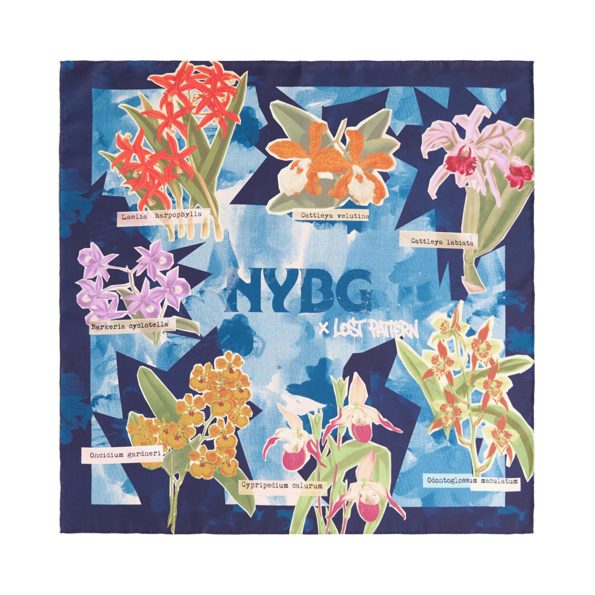 LOST PATTERN X NYBG "Orchid On the Block" Silk Bandana Scarf - Blue