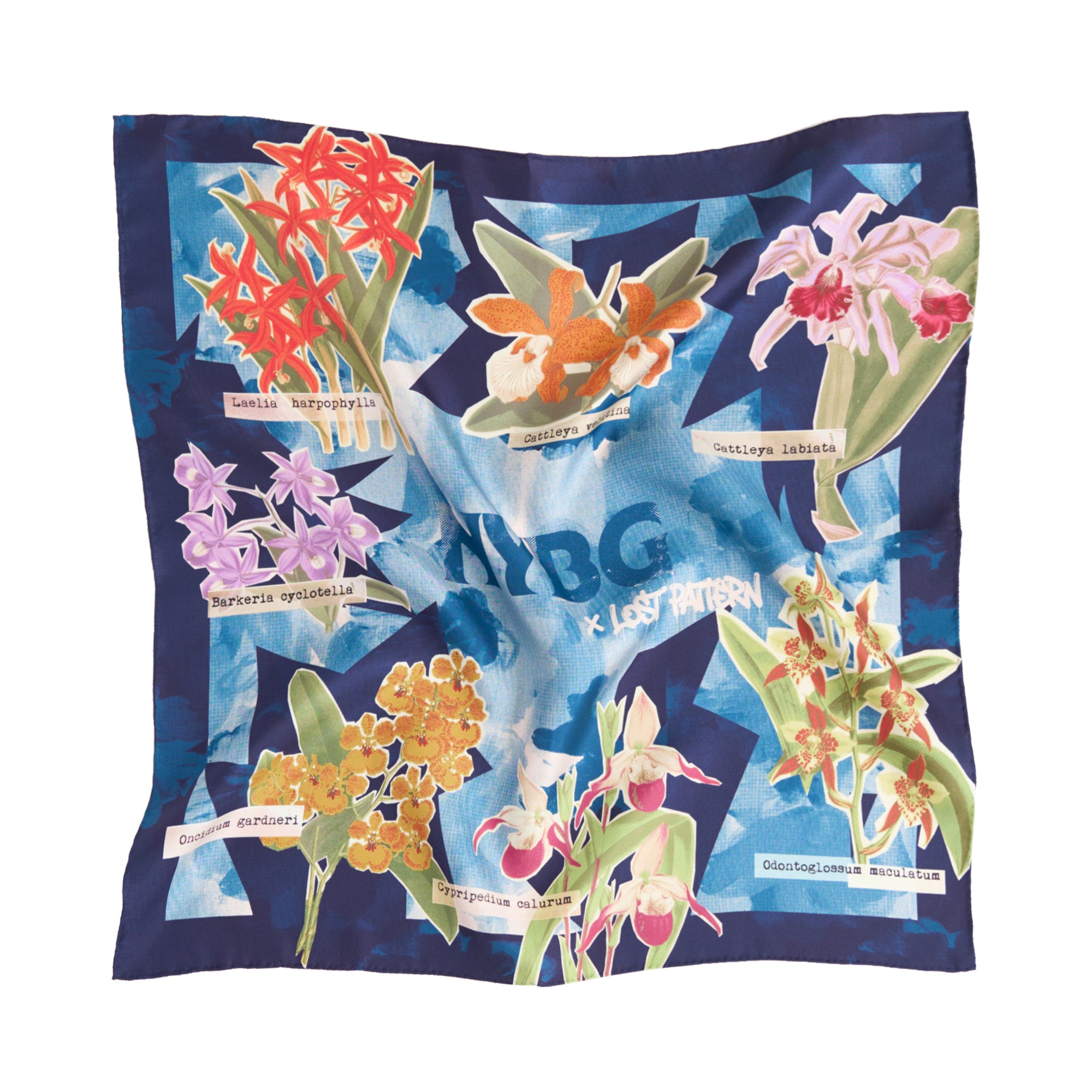 LOST PATTERN X NYBG "Orchid On the Block" Silk Bandana Scarf - Blue