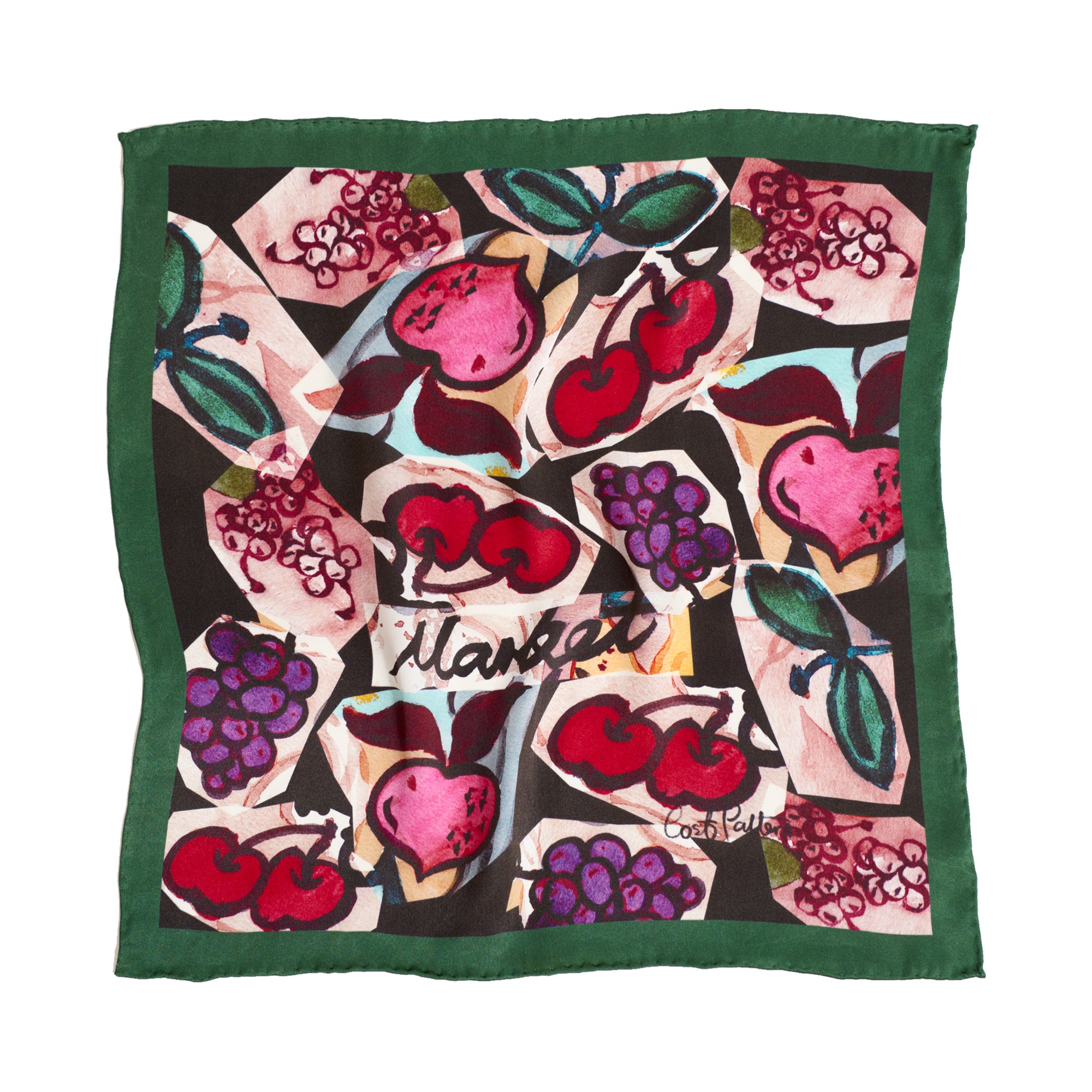 "Lost Cherries" Silk Pocket Square - Deep Green - LOST PATTERN Silk Pocket Square