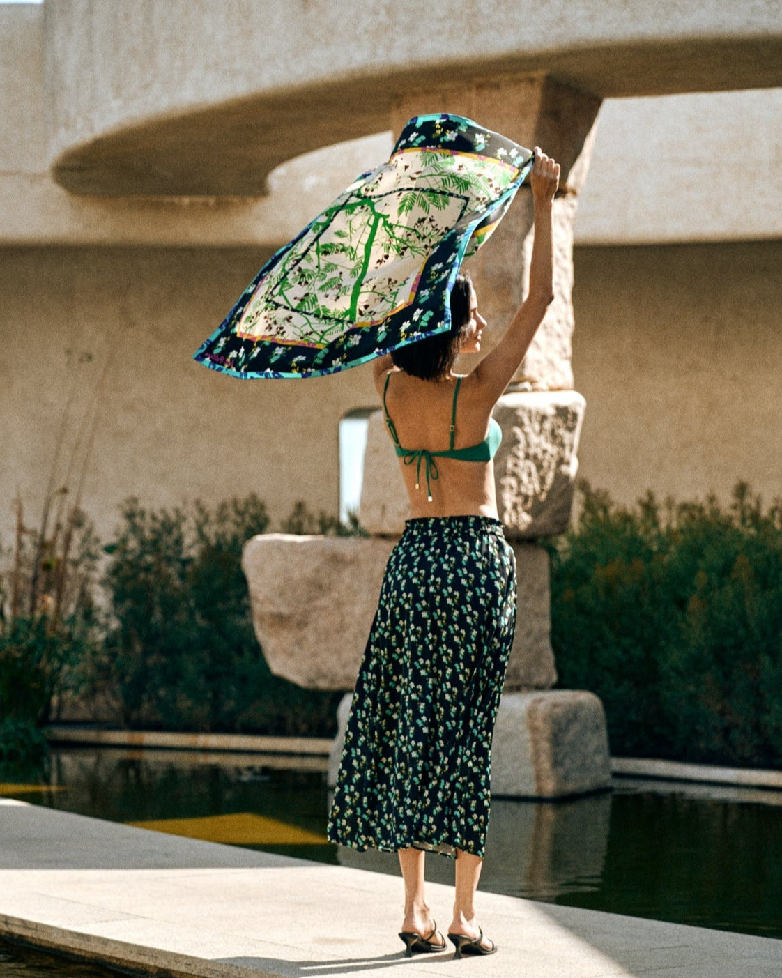 "Beach Blossom" Satin Midi Skirt -Black - S - LOST PATTERN Skirt