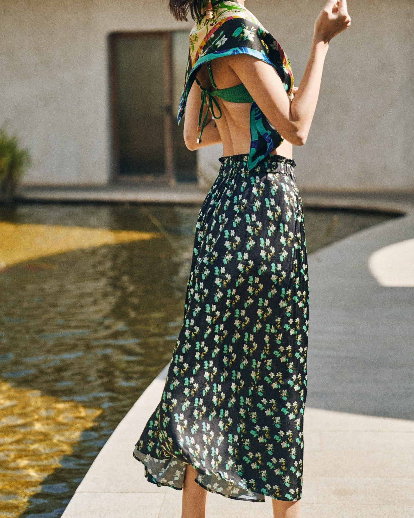 "Beach Blossom" Satin Midi Skirt -Black - S - LOST PATTERN Skirt