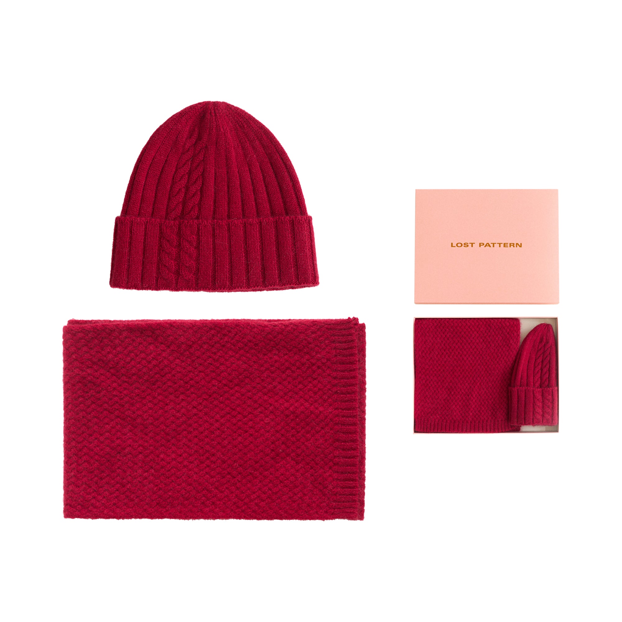 "Warmth Whisper" Cashmere Scarf & Beanie Hat Gift Set - Red - Red - LOST PATTERN Cashmere