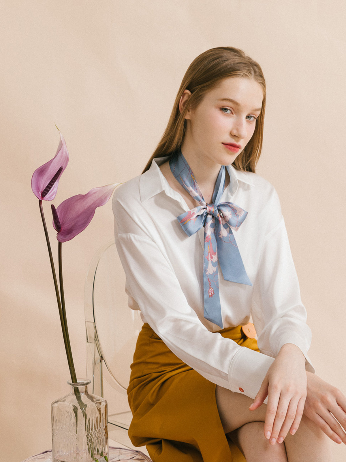 "Datura" Silk Skinny Scarf - Slate Blue - Slate Blue - LOST PATTERN Silk Skinny Scarf