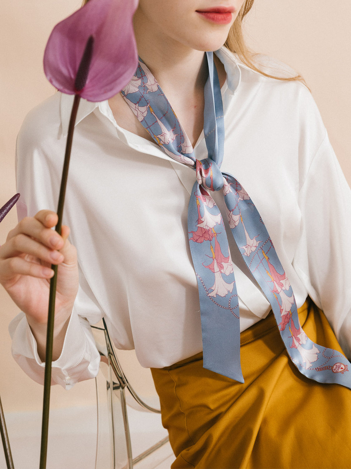 "Datura" Silk Skinny Scarf - Slate Blue - Slate Blue - LOST PATTERN Silk Skinny Scarf