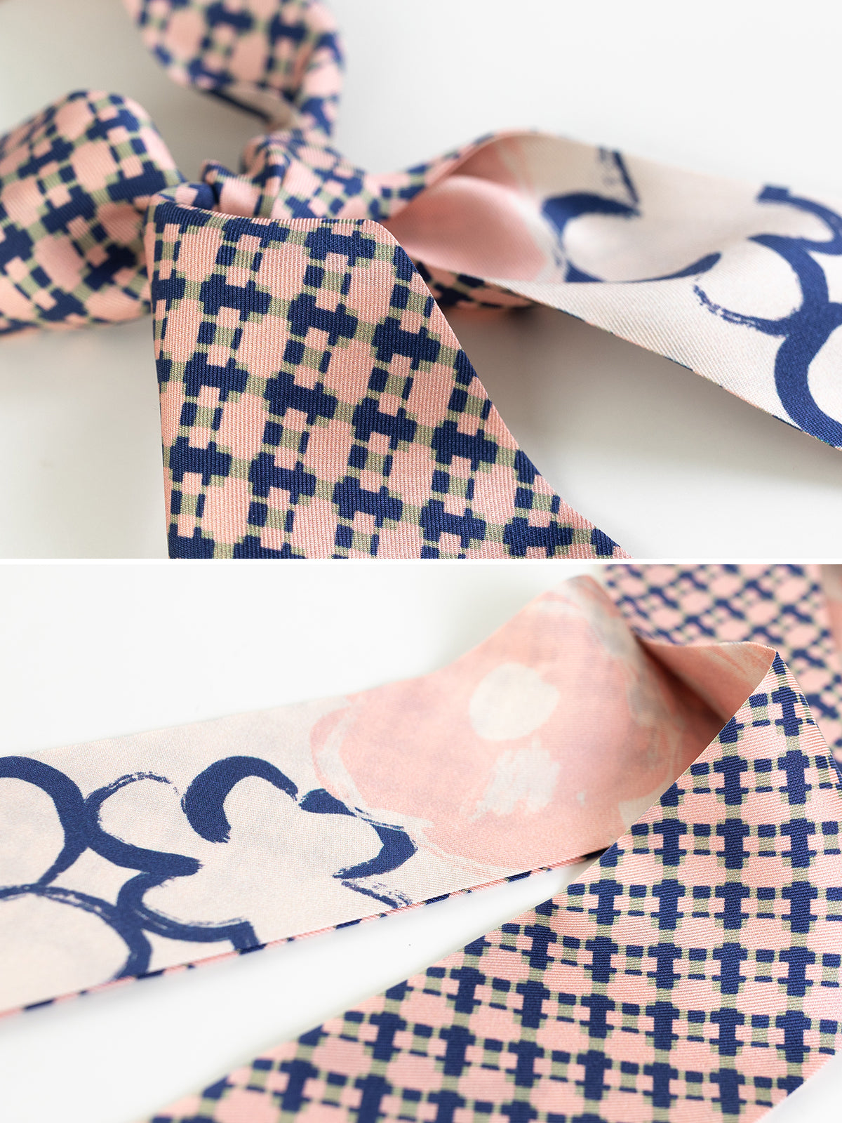 "Floral Houndstooth" Silk Twill Skinny Scarf - Blue - Blue - LOST PATTERN Silk Skinny Scarf