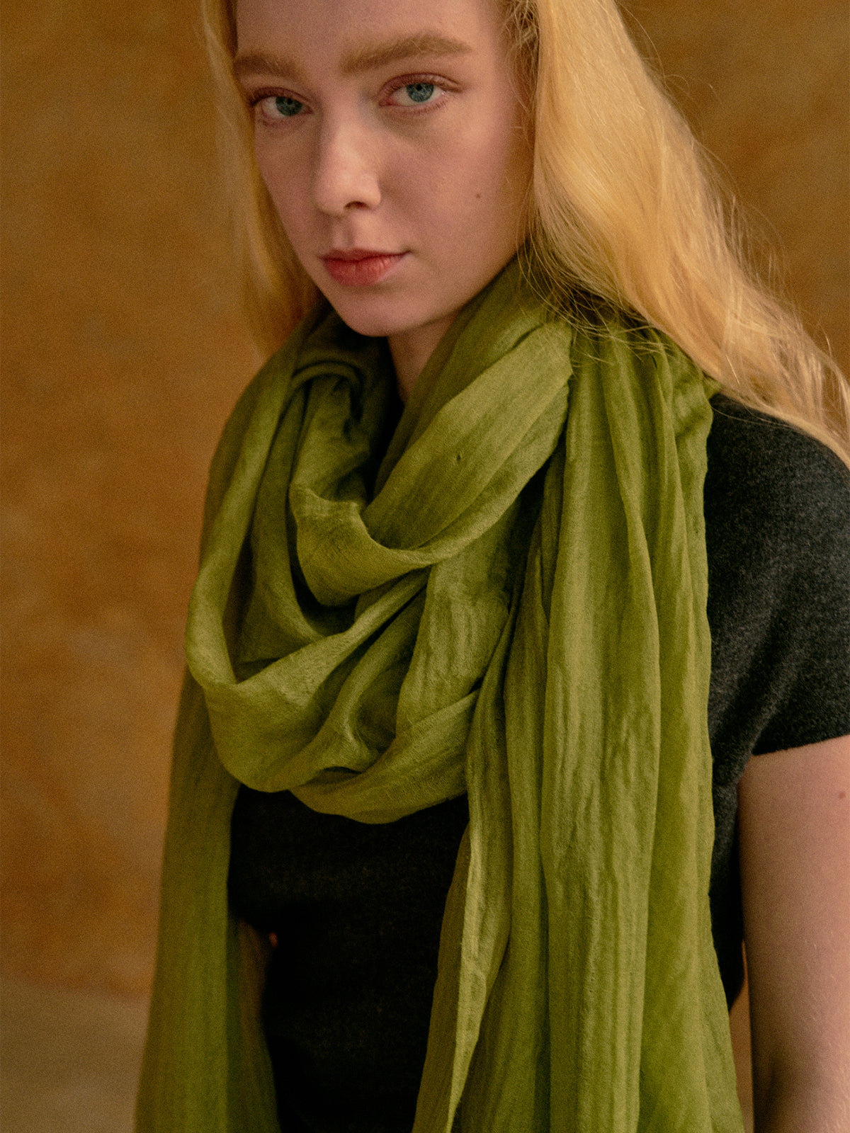 "Featherlight" Oversized Cashmere Scarf - Olive Green - Olive Green - LOST PATTERN Cashmere