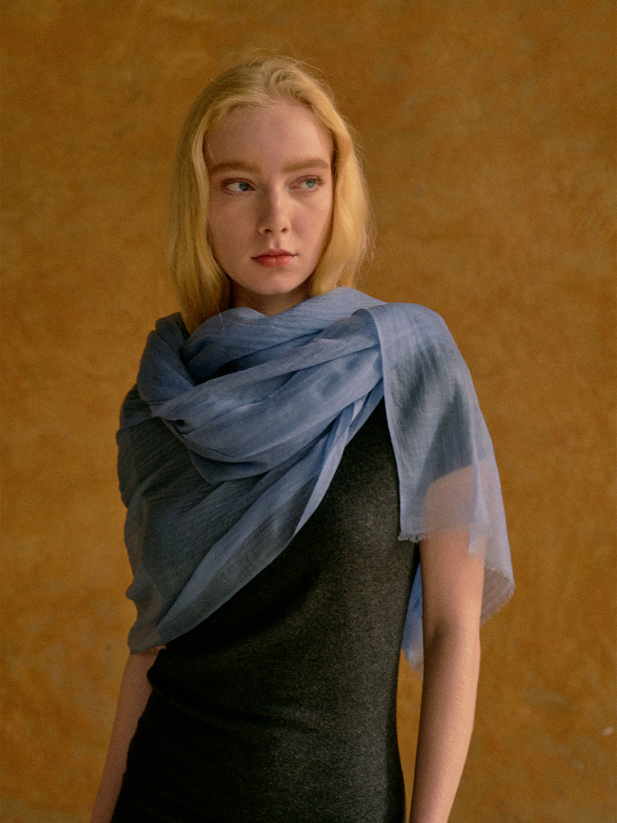 "Featherlight" Oversized Cashmere Scarf - Blue - Blue - LOST PATTERN Cashmere