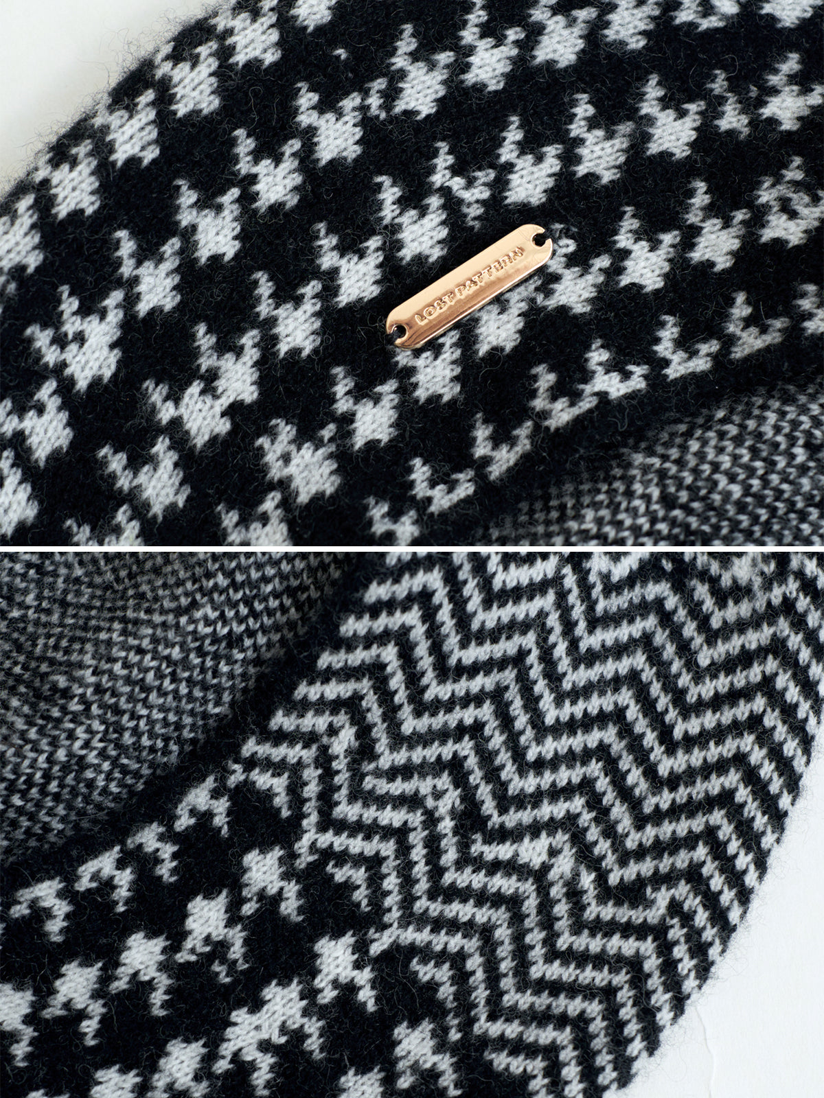 "Houndstooth" Wool-Cashmere Beret Hat - Black & White - LOST PATTERN Cashmere