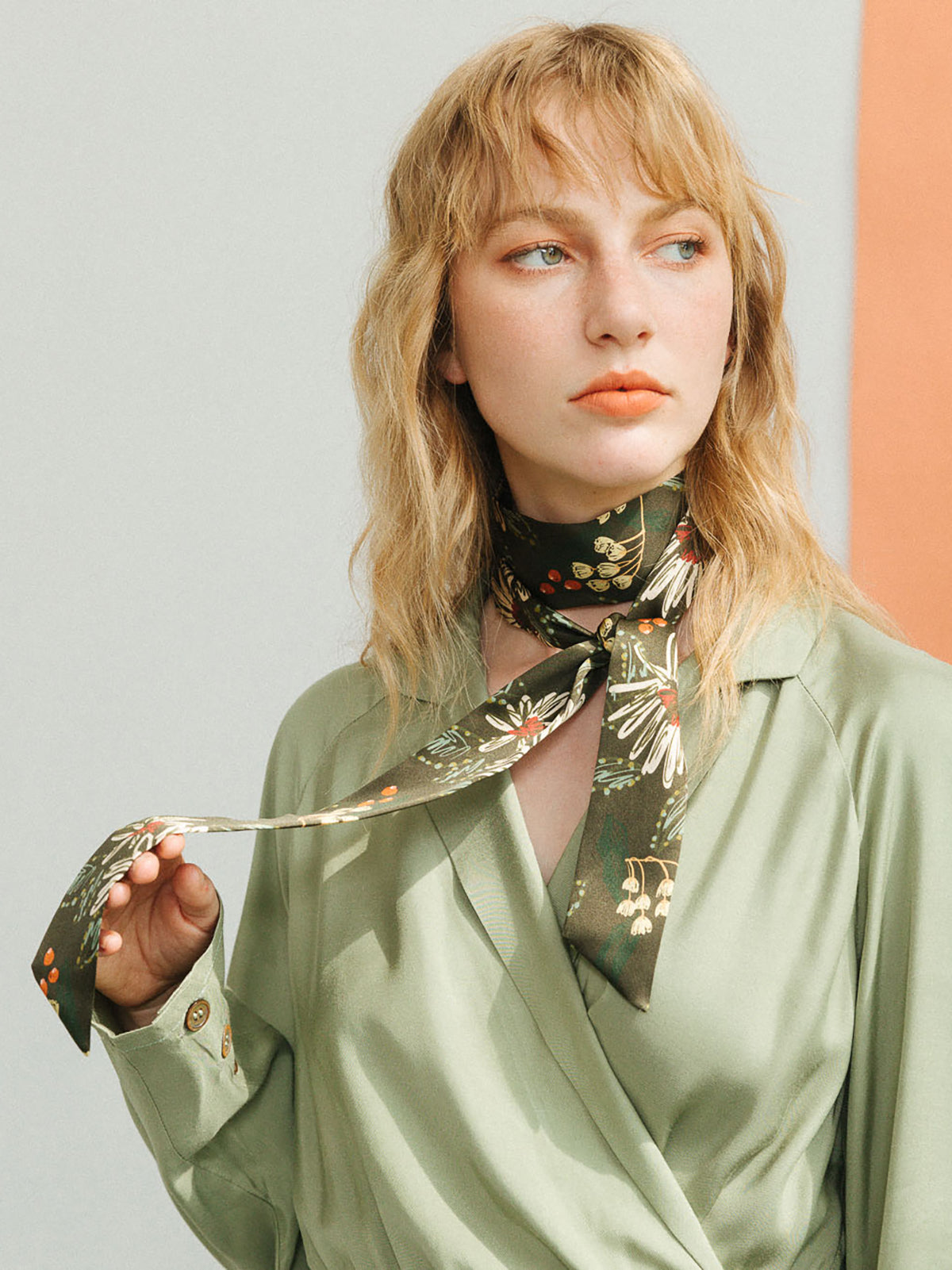 "Forest Charm" Silk Skinny Scarf - Moss Green