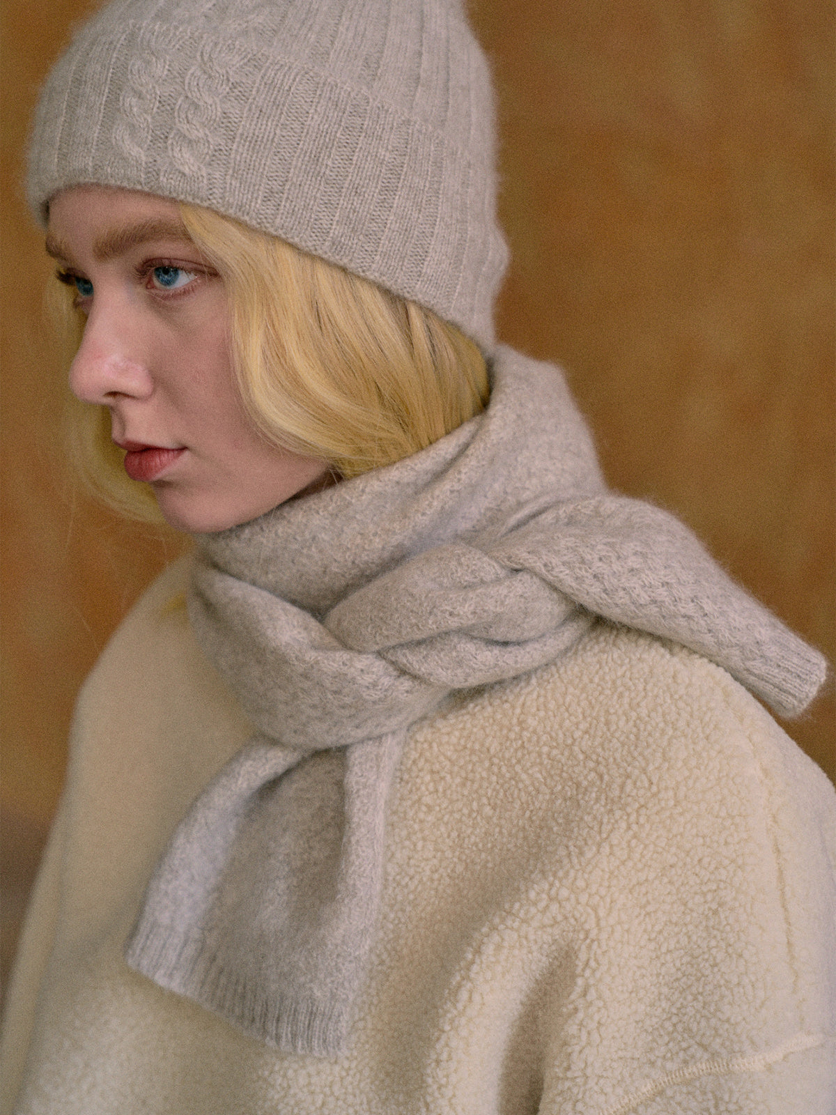 "Warmth Whisper" Waffle Knit Cashmere Scarf - Light Grey - Light Grey - LOST PATTERN Cashmere