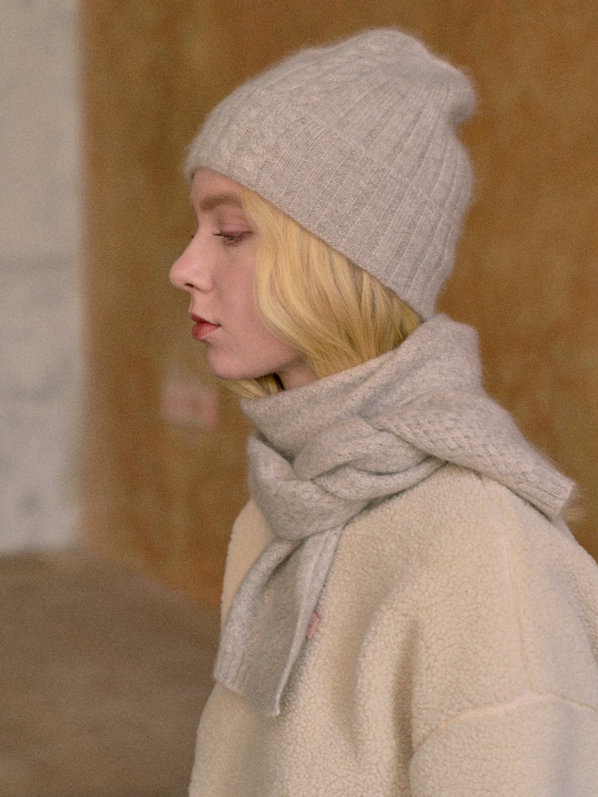 "Warmth Whisper" Waffle Knit Cashmere Scarf - Light Grey - Light Grey - LOST PATTERN Cashmere