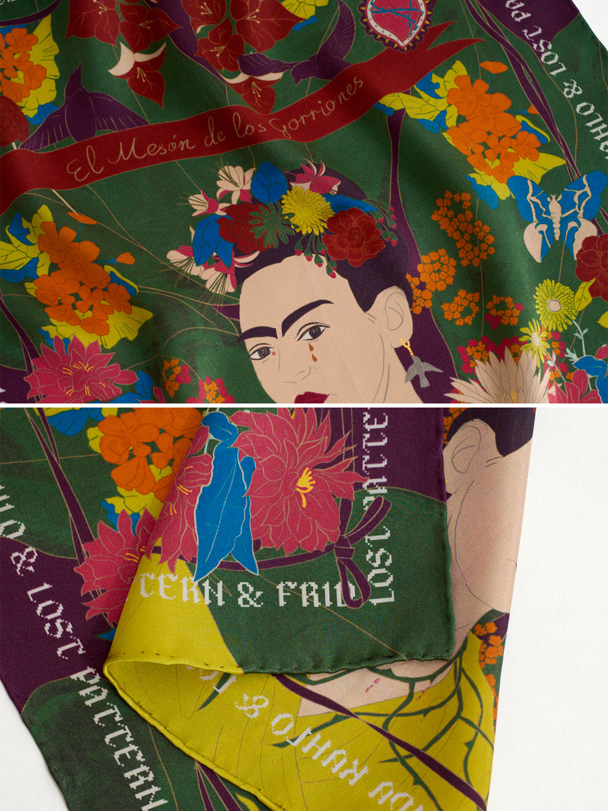 "Los Amores de Frida" Silk Pocket Square - Dark Green - Dark Green - LOST PATTERN Silk Pocket Square