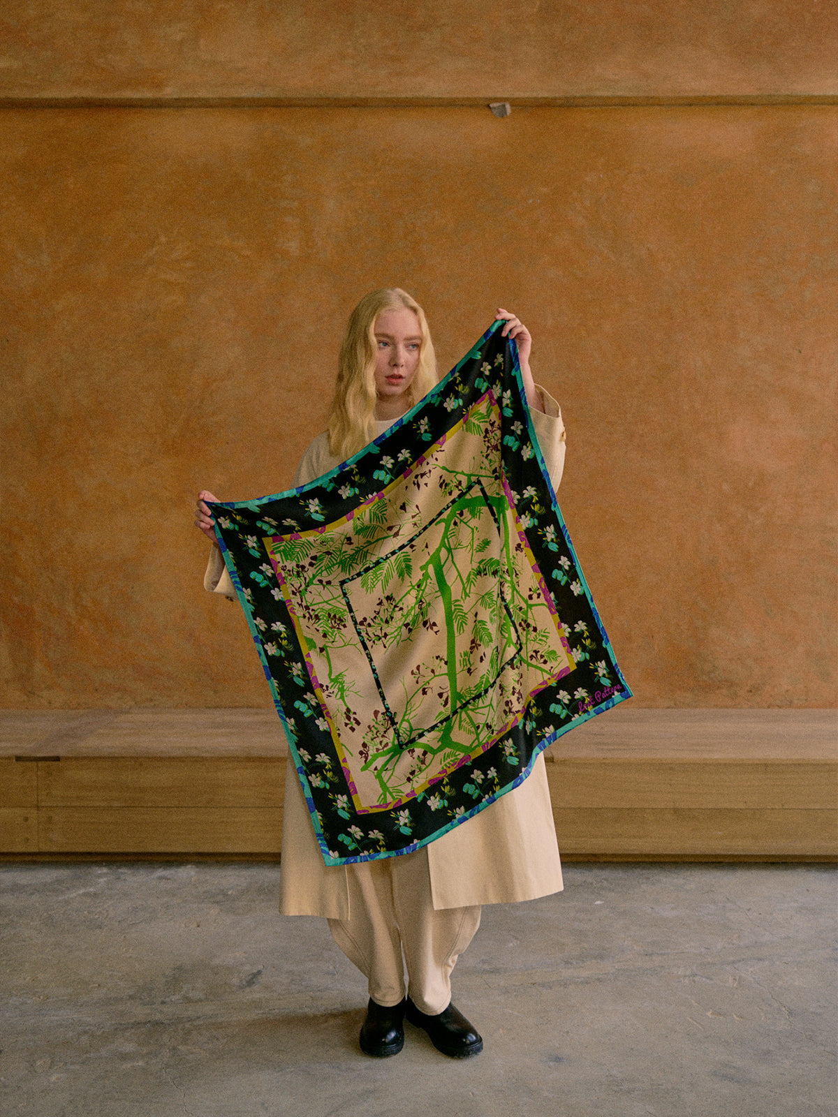"Floral Tapestry" Large Silk Scarf - Black - Black - LOST PATTERN Silk Square Scarf