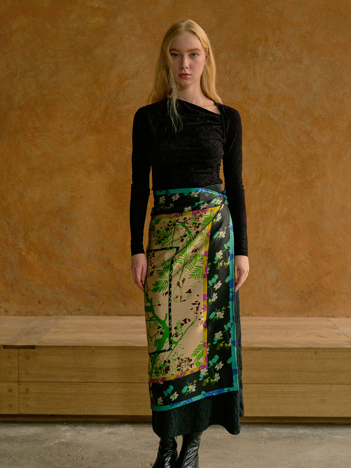 "Floral Tapestry" Large Silk Scarf - Black - Black - LOST PATTERN Silk Square Scarf