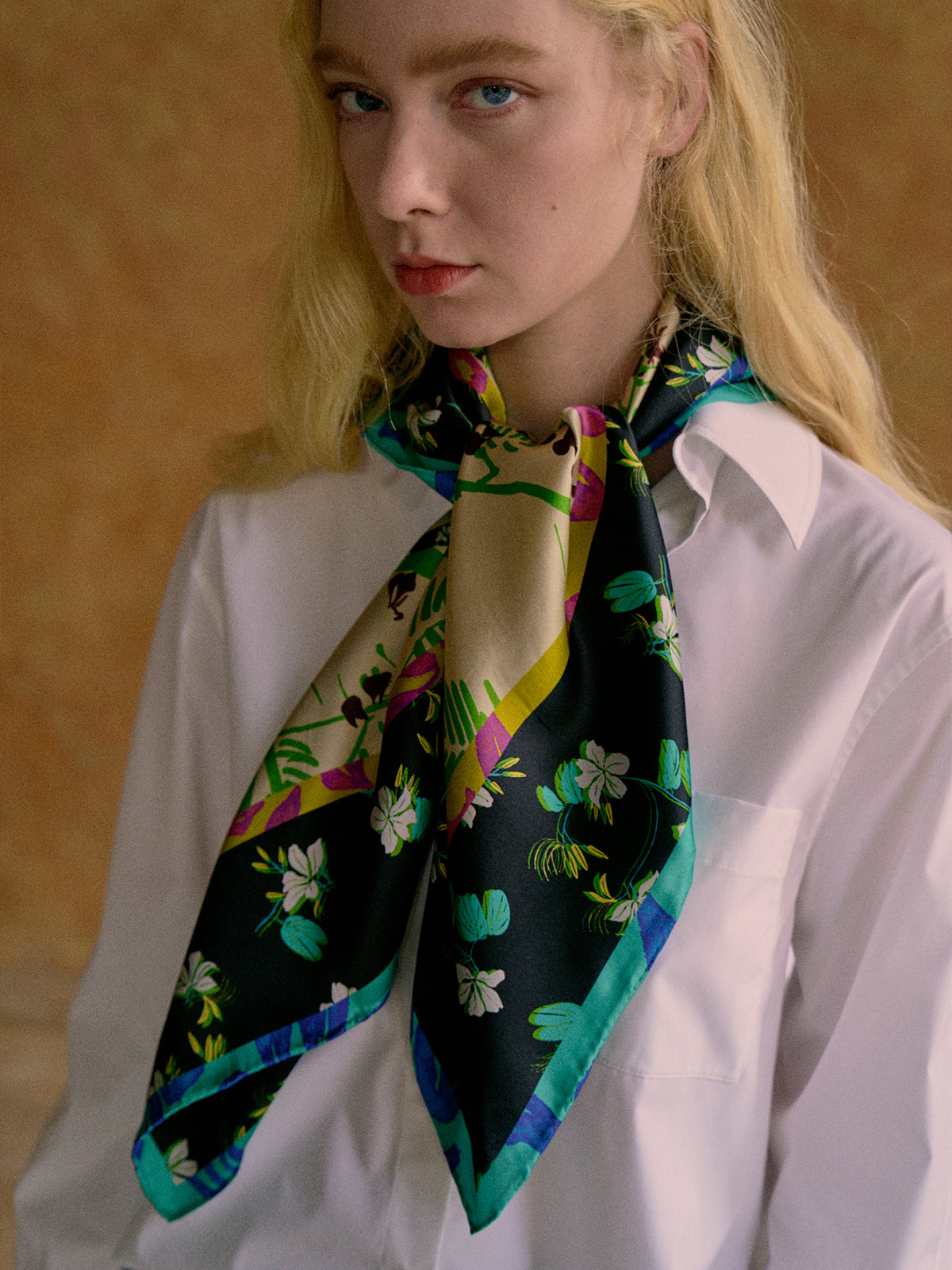 "Floral Tapestry" Large Silk Scarf - Black - Black - LOST PATTERN Silk Square Scarf