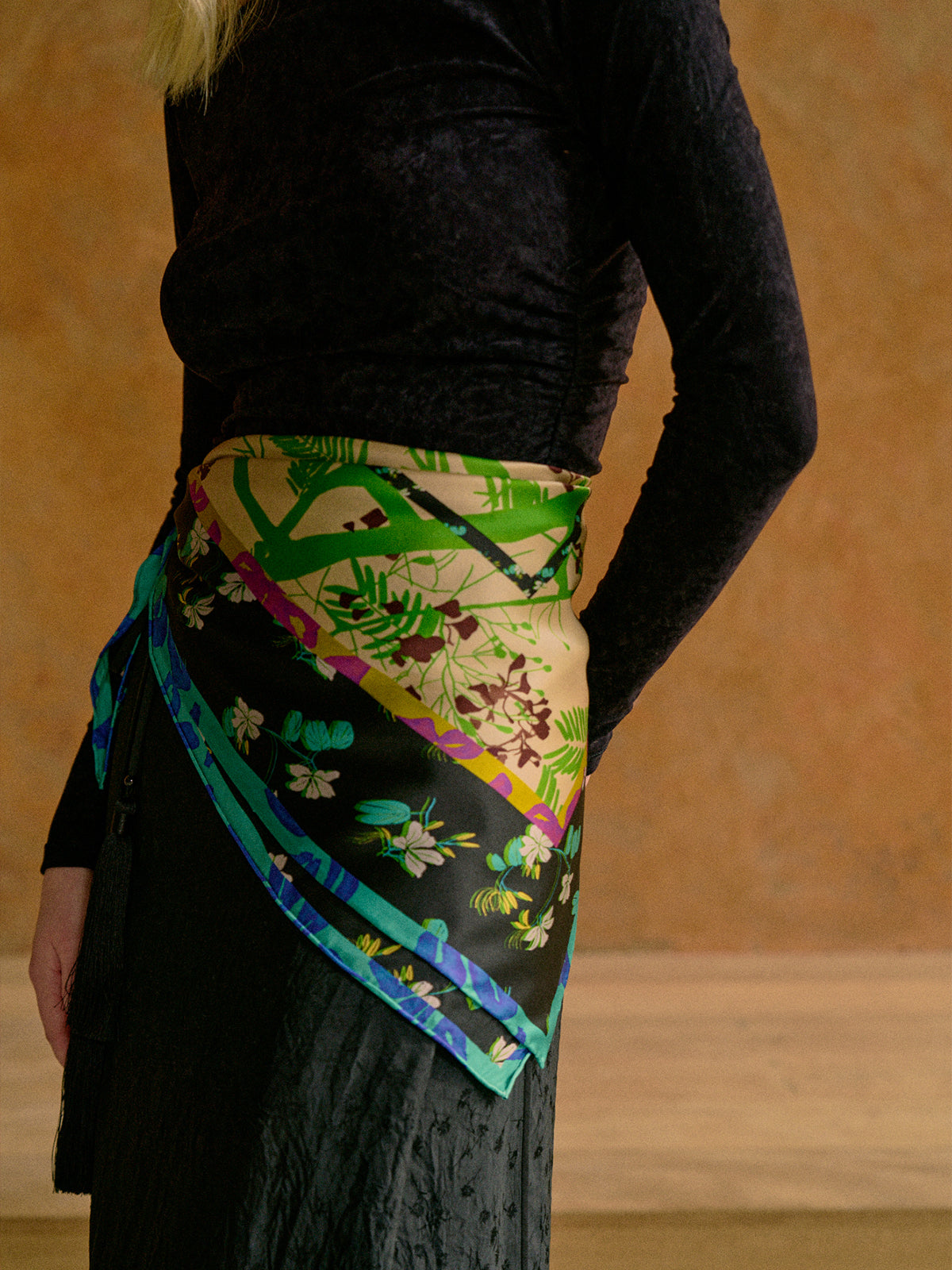 "Floral Tapestry" Large Silk Scarf - Black - Black - LOST PATTERN Silk Square Scarf