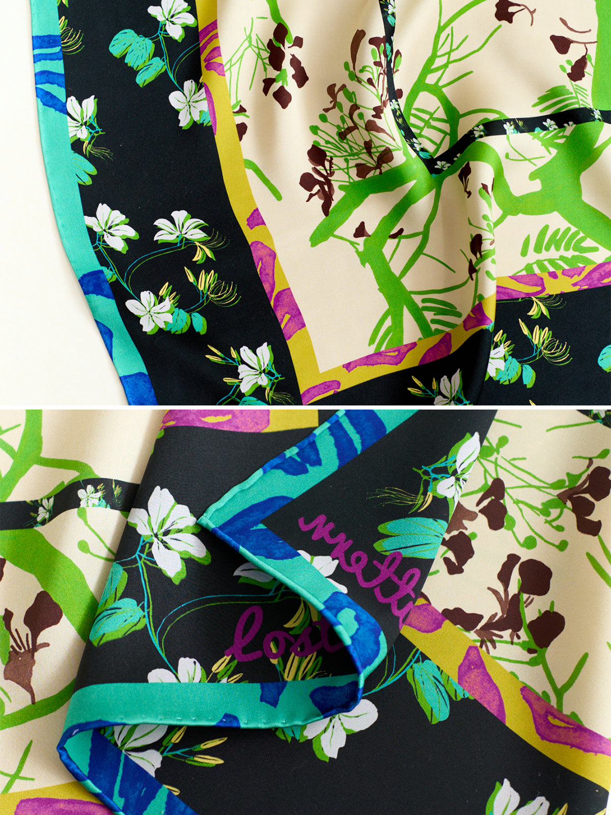 "Floral Tapestry" Large Silk Scarf - Black - Black - LOST PATTERN Silk Square Scarf