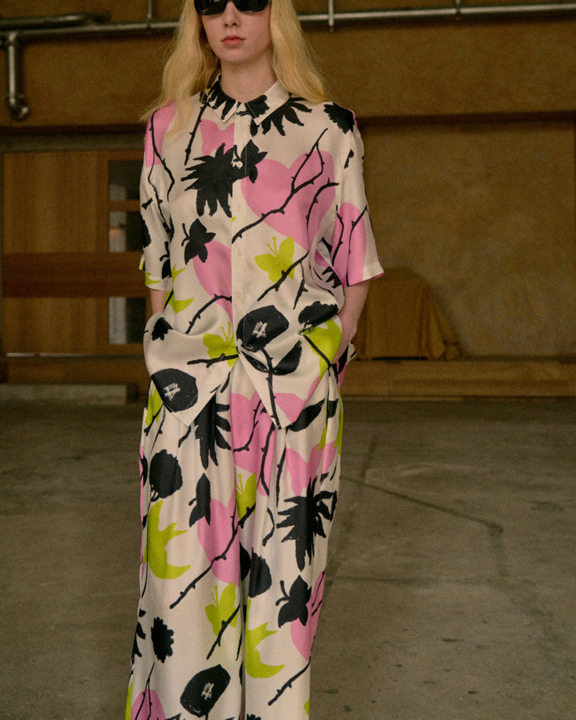 "Frida's Dream" Wide Leg Silk Palazzo Pants - Pink & Black - XS - LOST PATTERN Pants