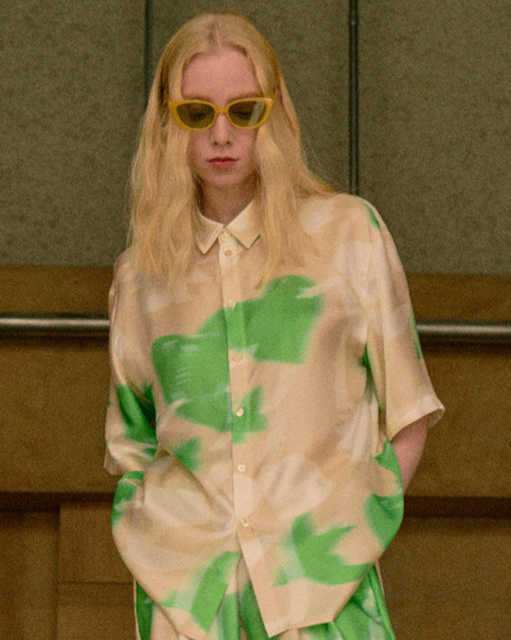 "Frida's Dream " Oversized Silk Hawaii Shirt - Green & Cream - XS - LOST PATTERN Shirt