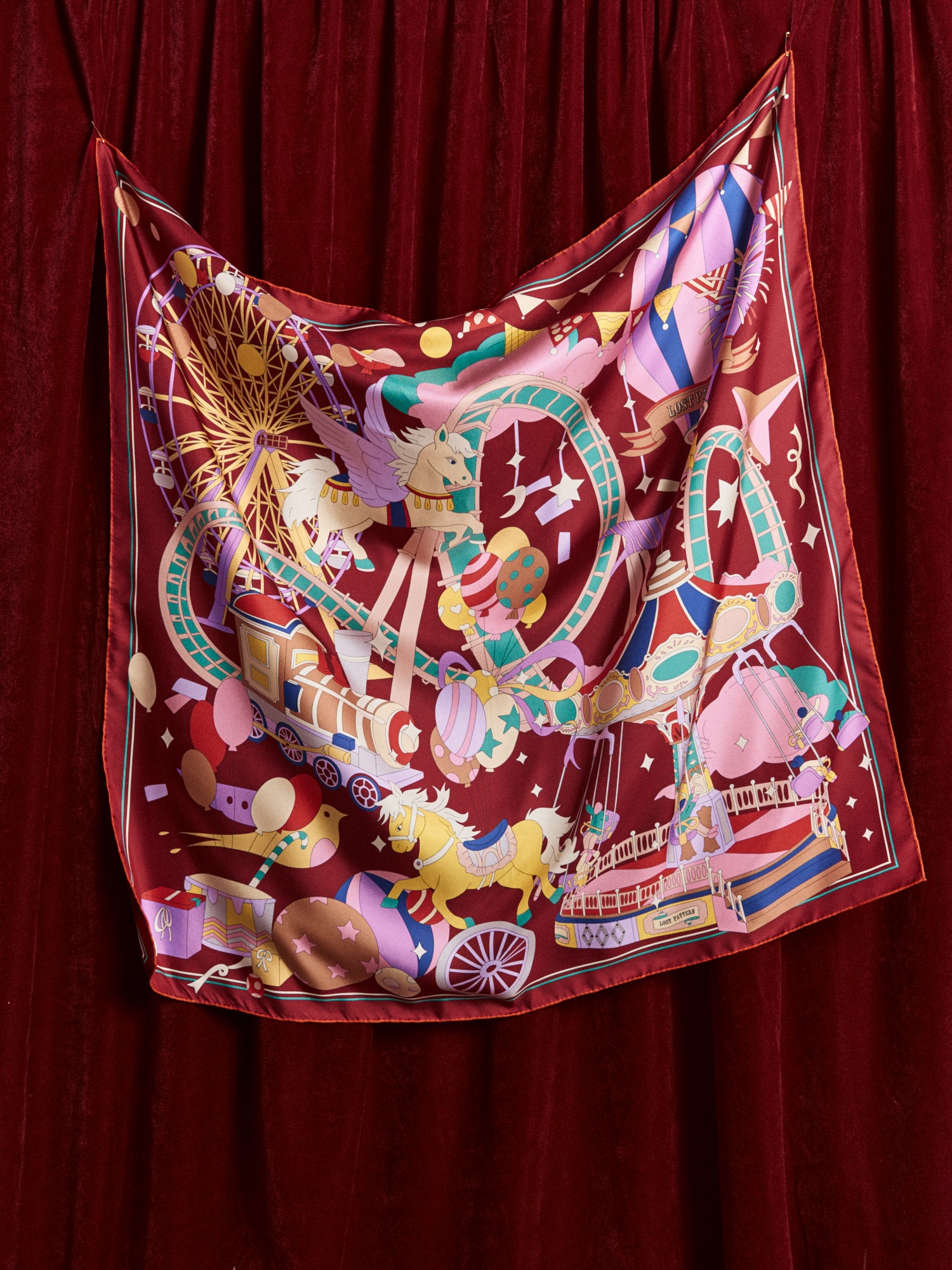 "Pop Pony" Silk Twill Large Square Scarf - Burgundy