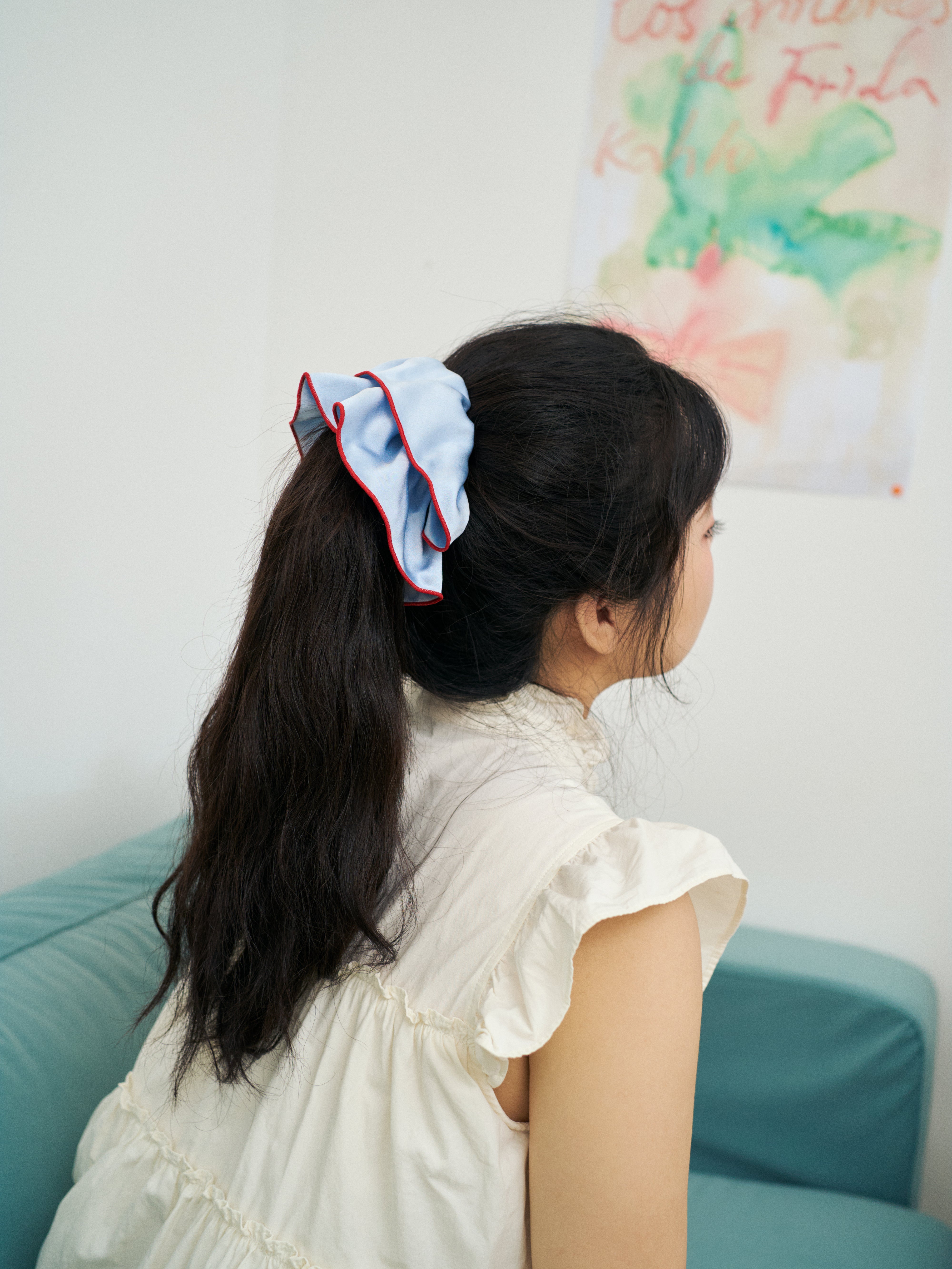 "Maxi Flower" Double-Layer Oversized Silk Scrunchie - Pastel Blue - Pastel Blue - LOST PATTERN Scrunchie