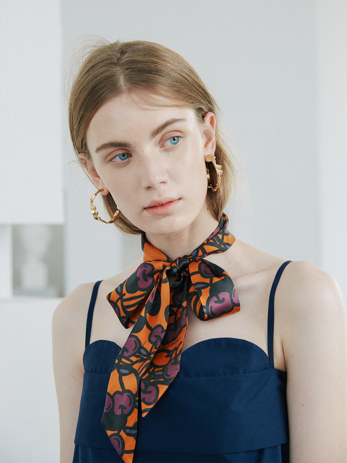 “Lost Cherries” Silk Skinny Scarf - Pumpkin Orange - Pumpkin Orange - LOST PATTERN Silk Skinny Scarf