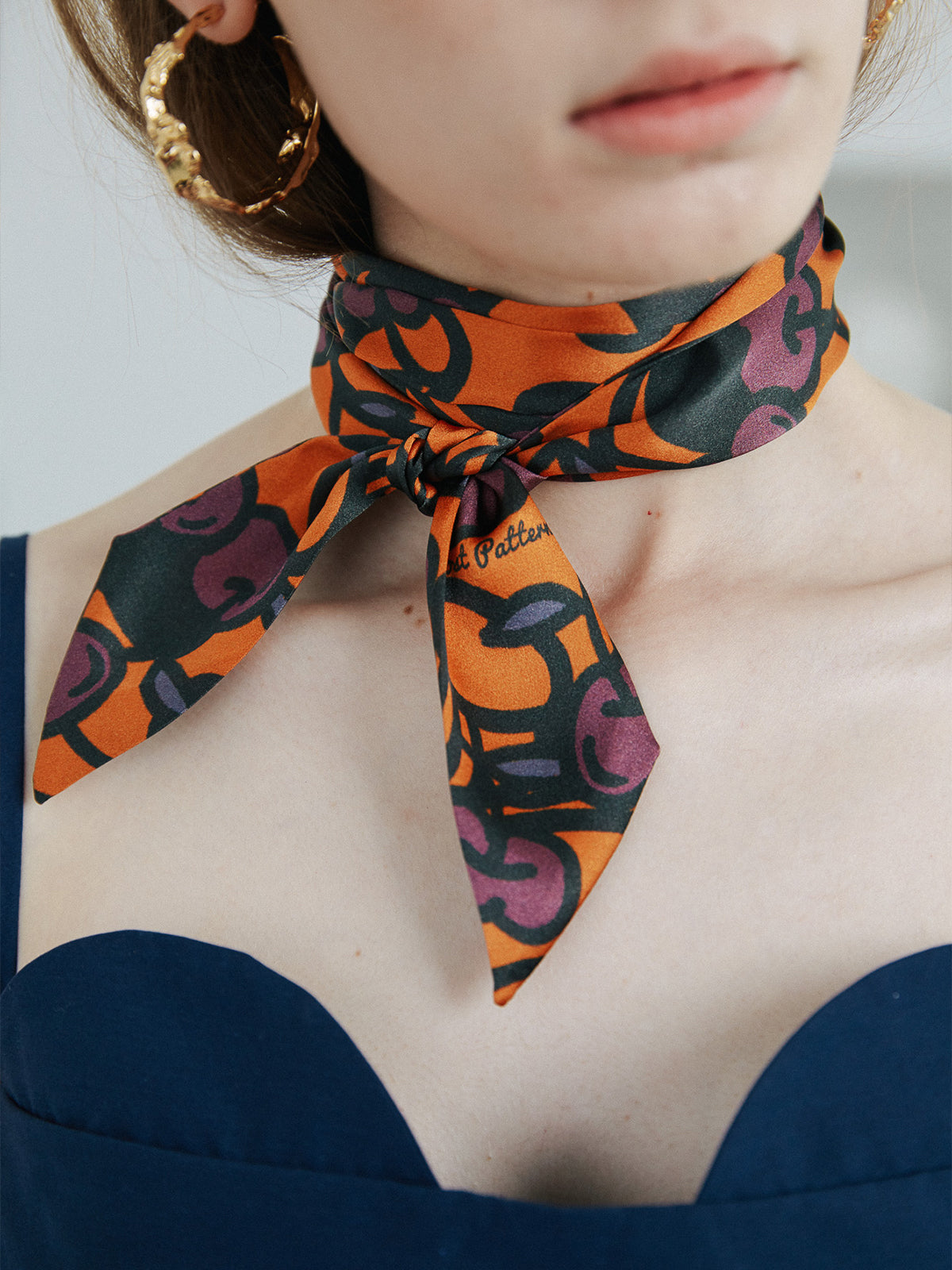 “Lost Cherries” Silk Skinny Scarf - Pumpkin Orange - Pumpkin Orange - LOST PATTERN Silk Skinny Scarf
