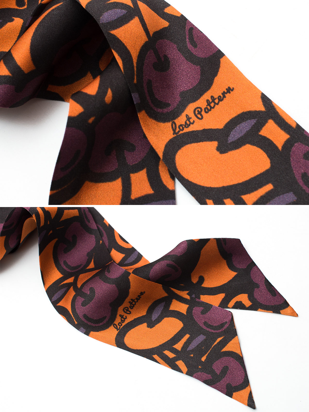 “Lost Cherries” Silk Skinny Scarf - Pumpkin Orange - Pumpkin Orange - LOST PATTERN Silk Skinny Scarf
