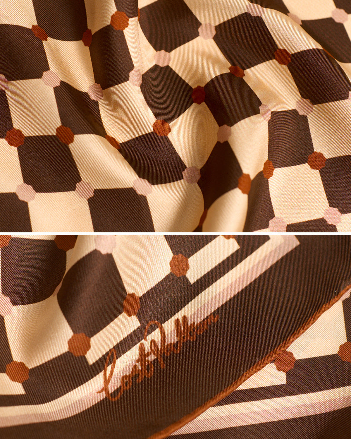 "Checkerboard" Silk Bandana Scarf - Coffee - Coffee - LOST PATTERN Silk Square Scarf