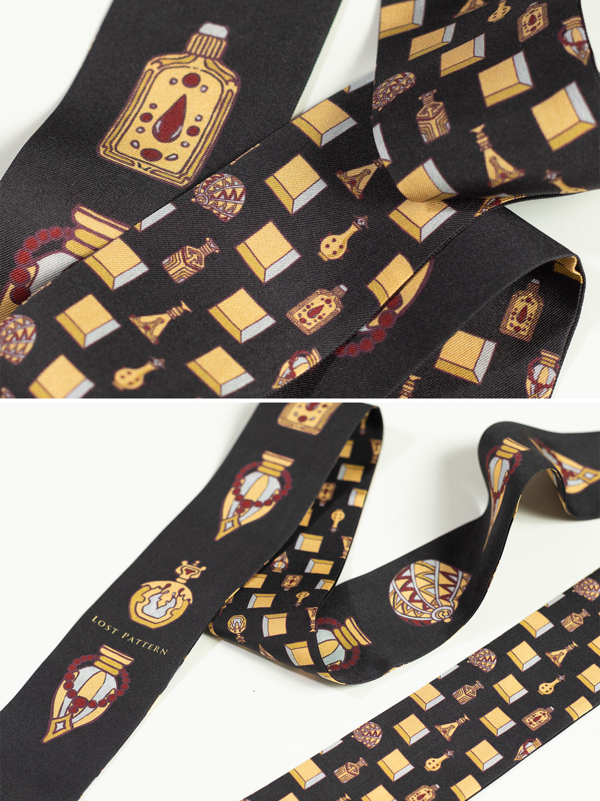 "Amora" Silk Twill Skinny Scarf - Golden & Black