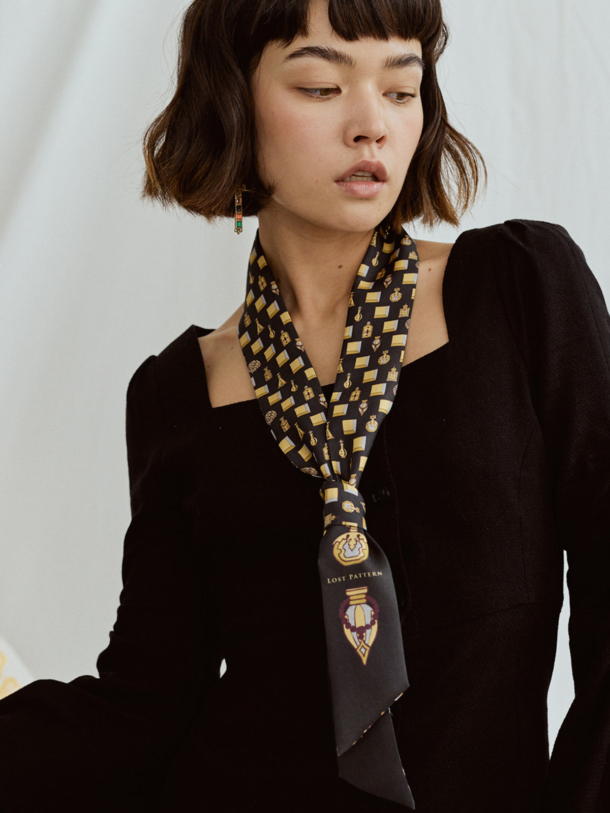 "Amora" Silk Twill Skinny Scarf - Golden & Black
