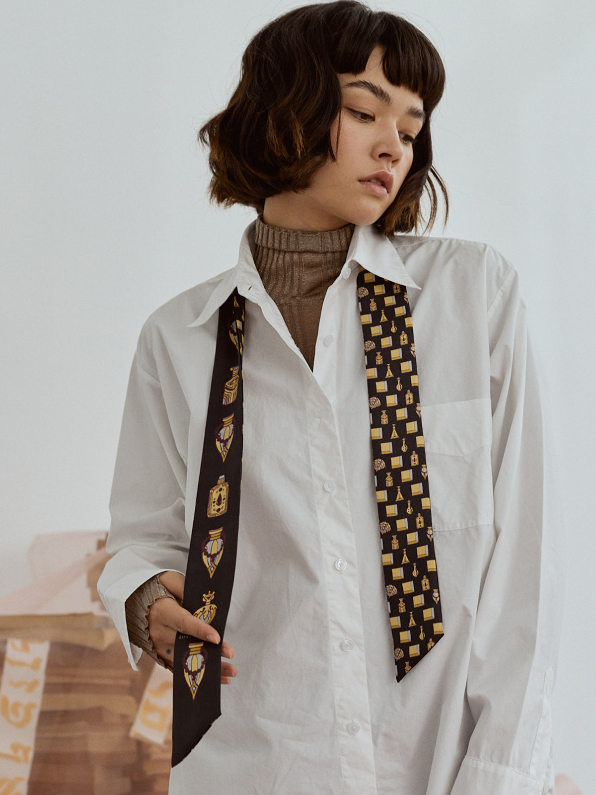 "Amora" Silk Twill Skinny Scarf - Golden & Black