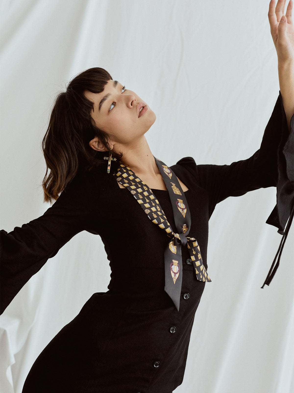 "Amora" Silk Twill Skinny Scarf - Golden & Black