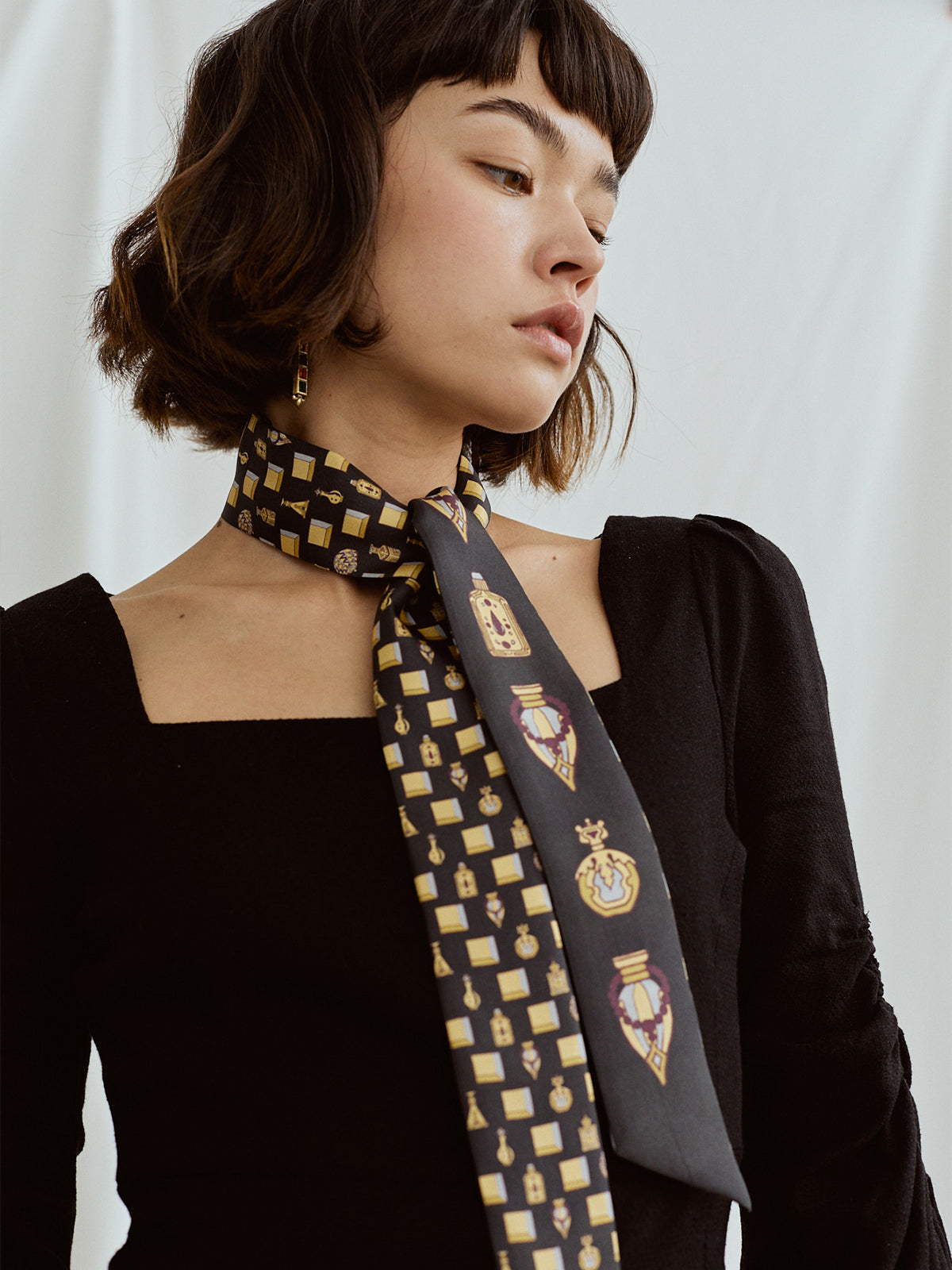 "Amora" Silk Twill Skinny Scarf - Golden & Black