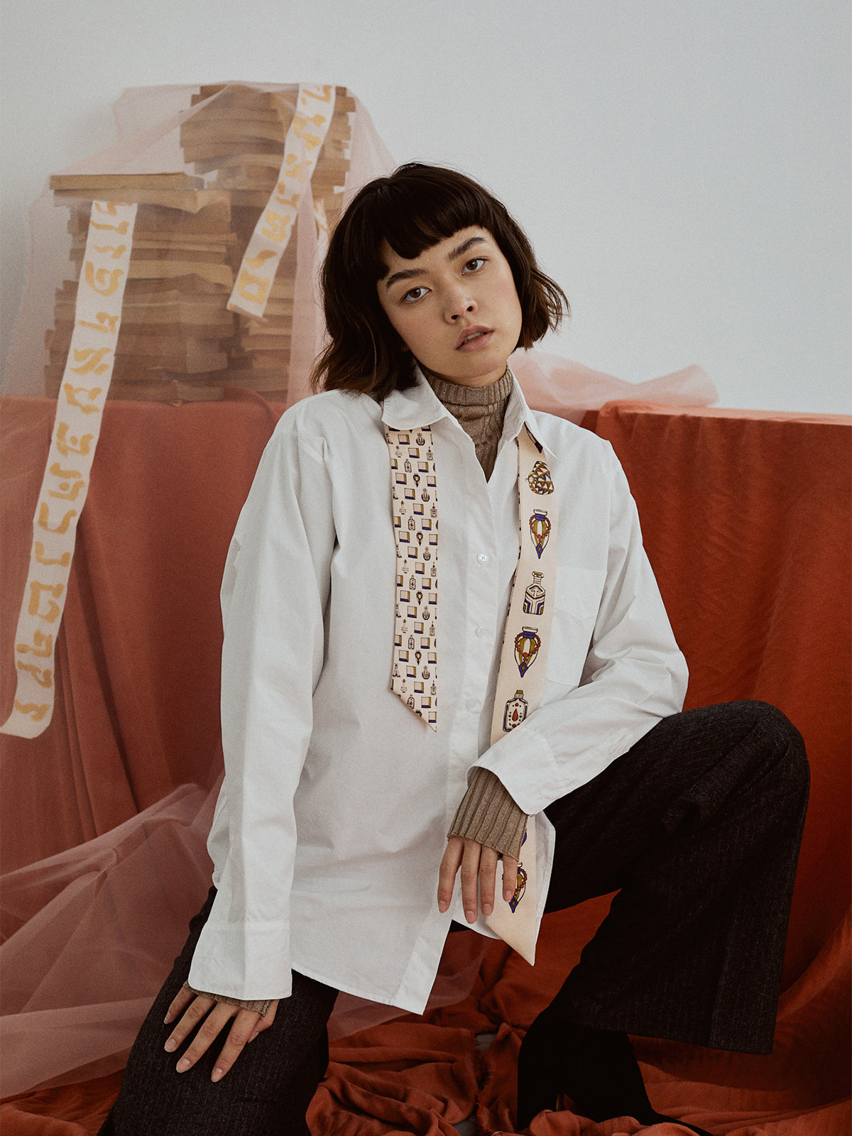 "Amora" Silk Twill Skinny Scarf - Champagne