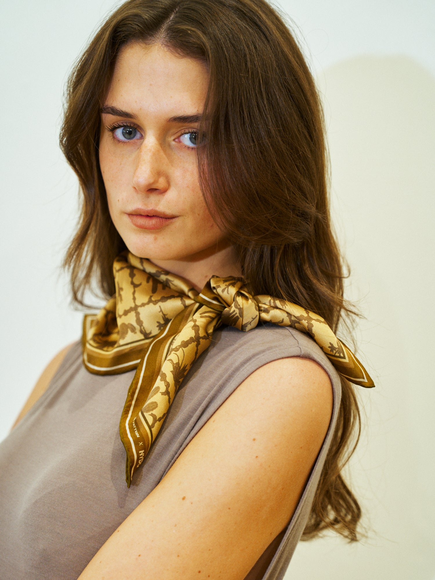 Lost Pattern x NYBG "Oasis Charms" Silk Bandana Scarf  - Coffee