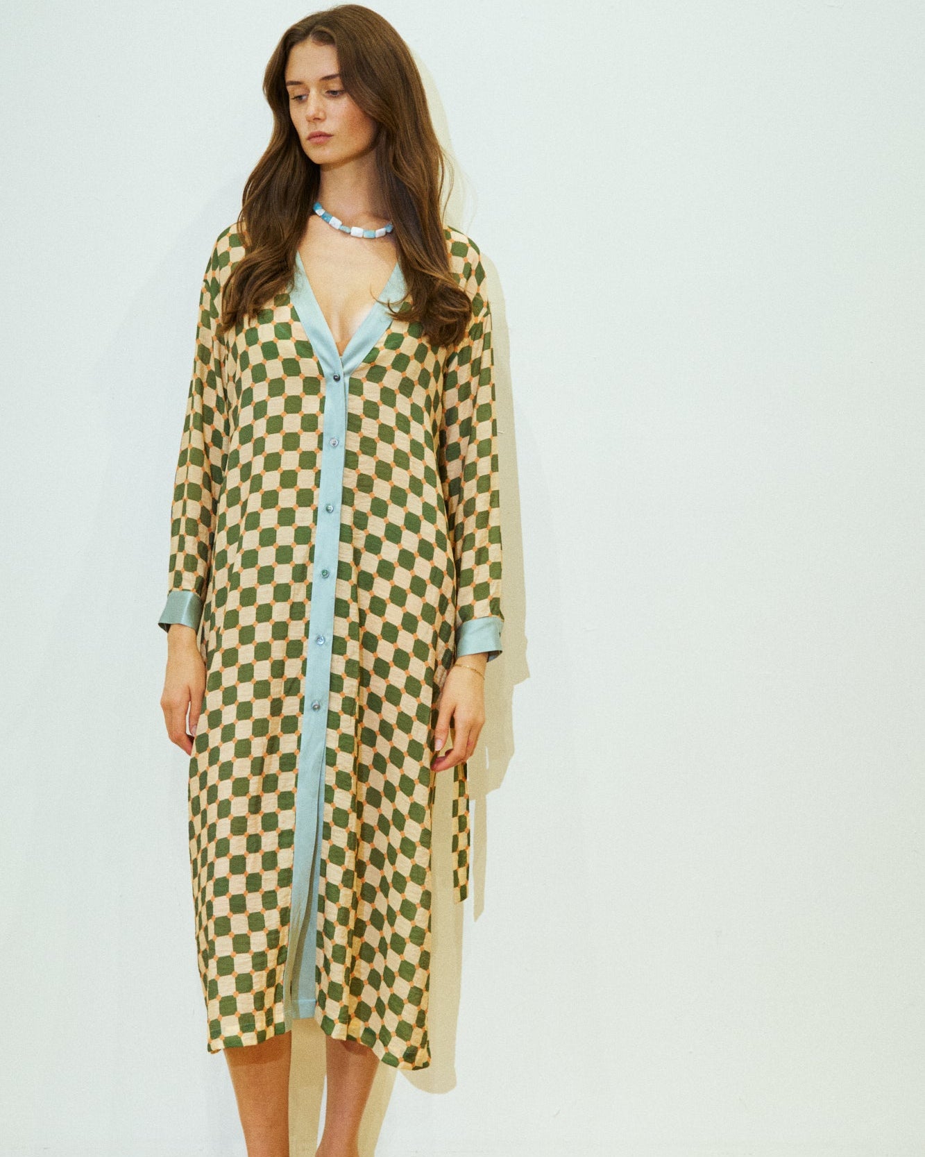 "Checkerboard" Belted Kaftan Dress