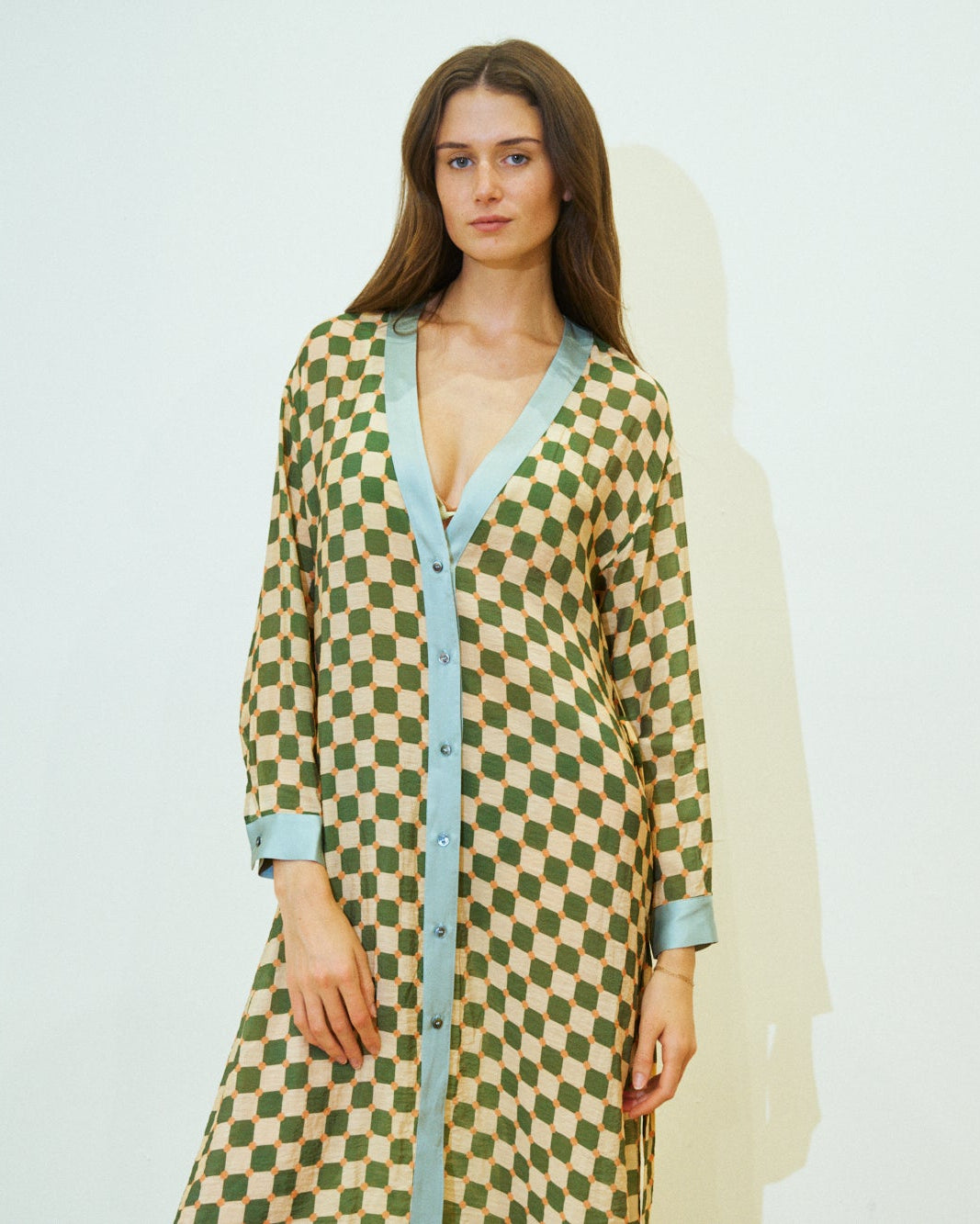 "Checkerboard" Belted Kaftan Dress