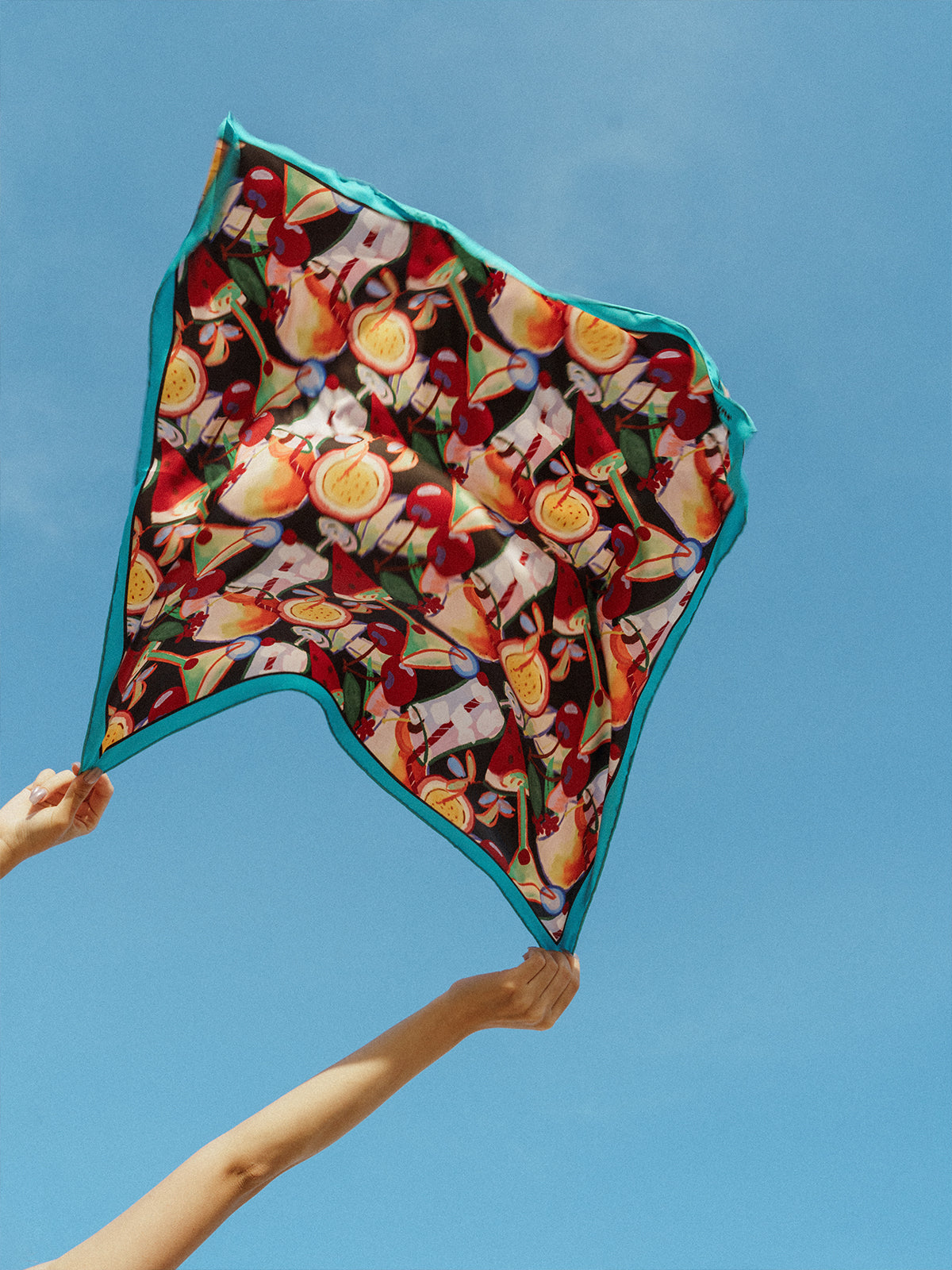 "Party Time" Silk Bandana Scarf - Teal Blue - LOST PATTERN Silk Square Scarf