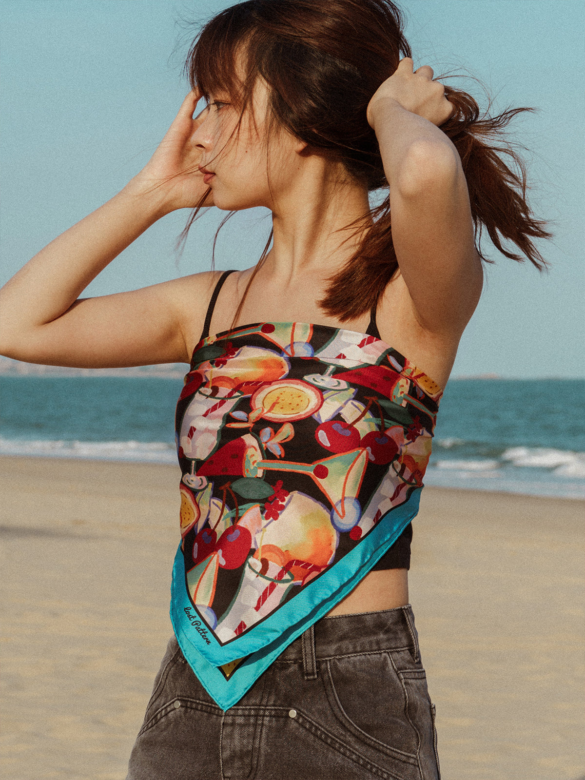 "Party Time" Silk Bandana Scarf - Teal Blue - LOST PATTERN Silk Square Scarf
