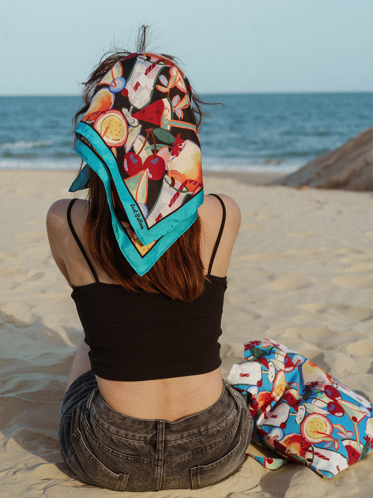 "Party Time" Silk Bandana Scarf - Teal Blue - LOST PATTERN Silk Square Scarf