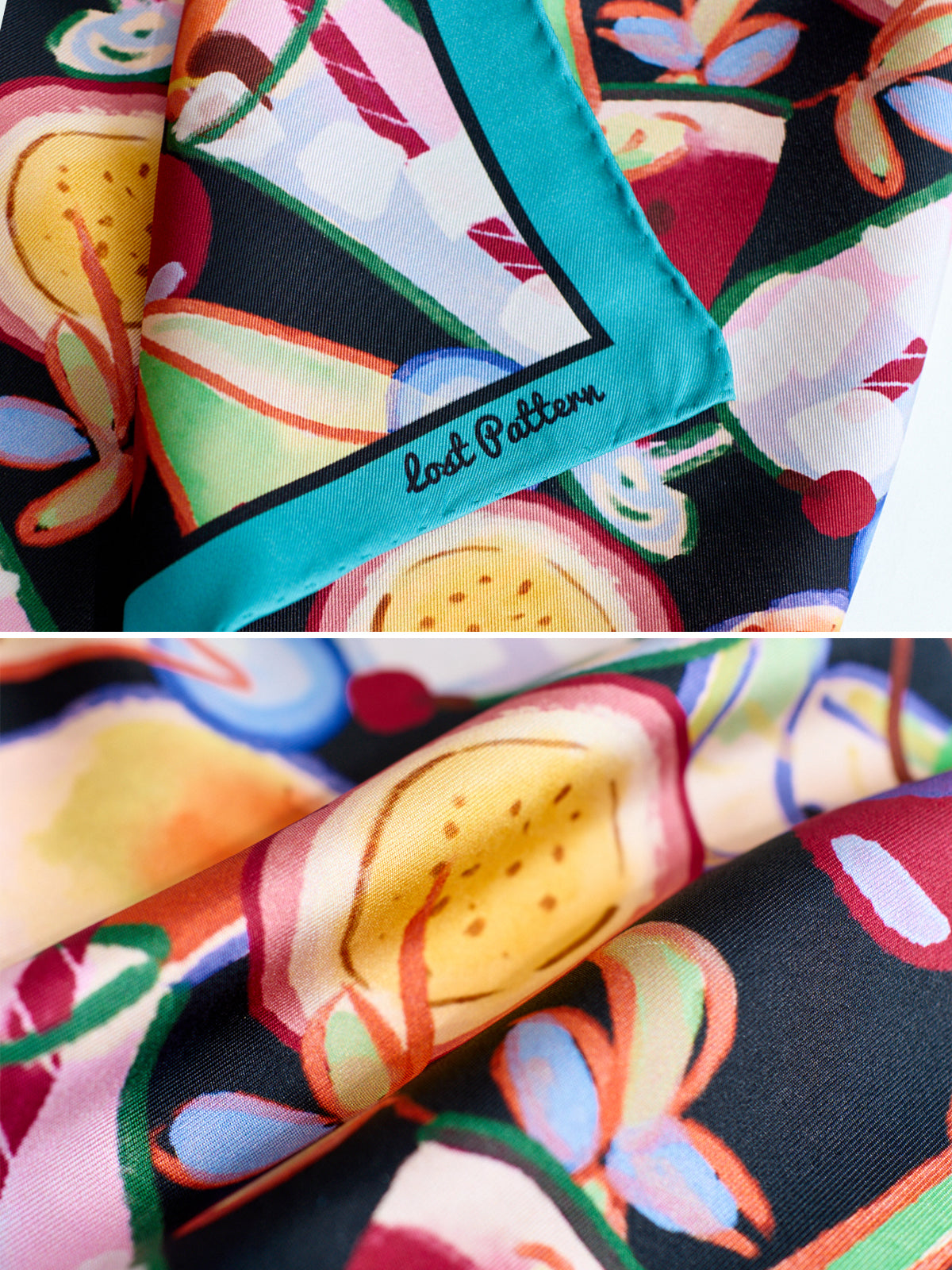 "Party Time" Silk Bandana Scarf - Teal Blue - LOST PATTERN Silk Square Scarf