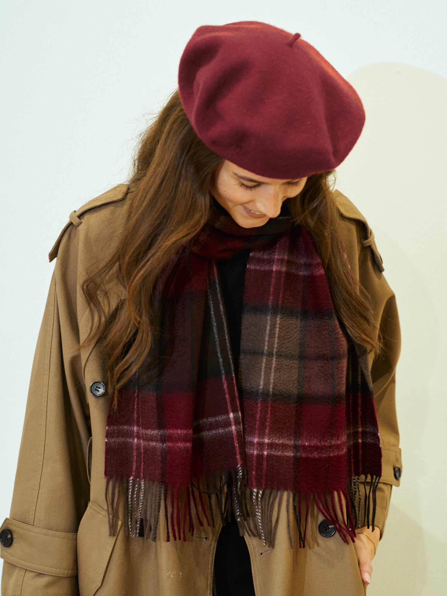 "Plaid" Cashmere Scarf - Dark Red