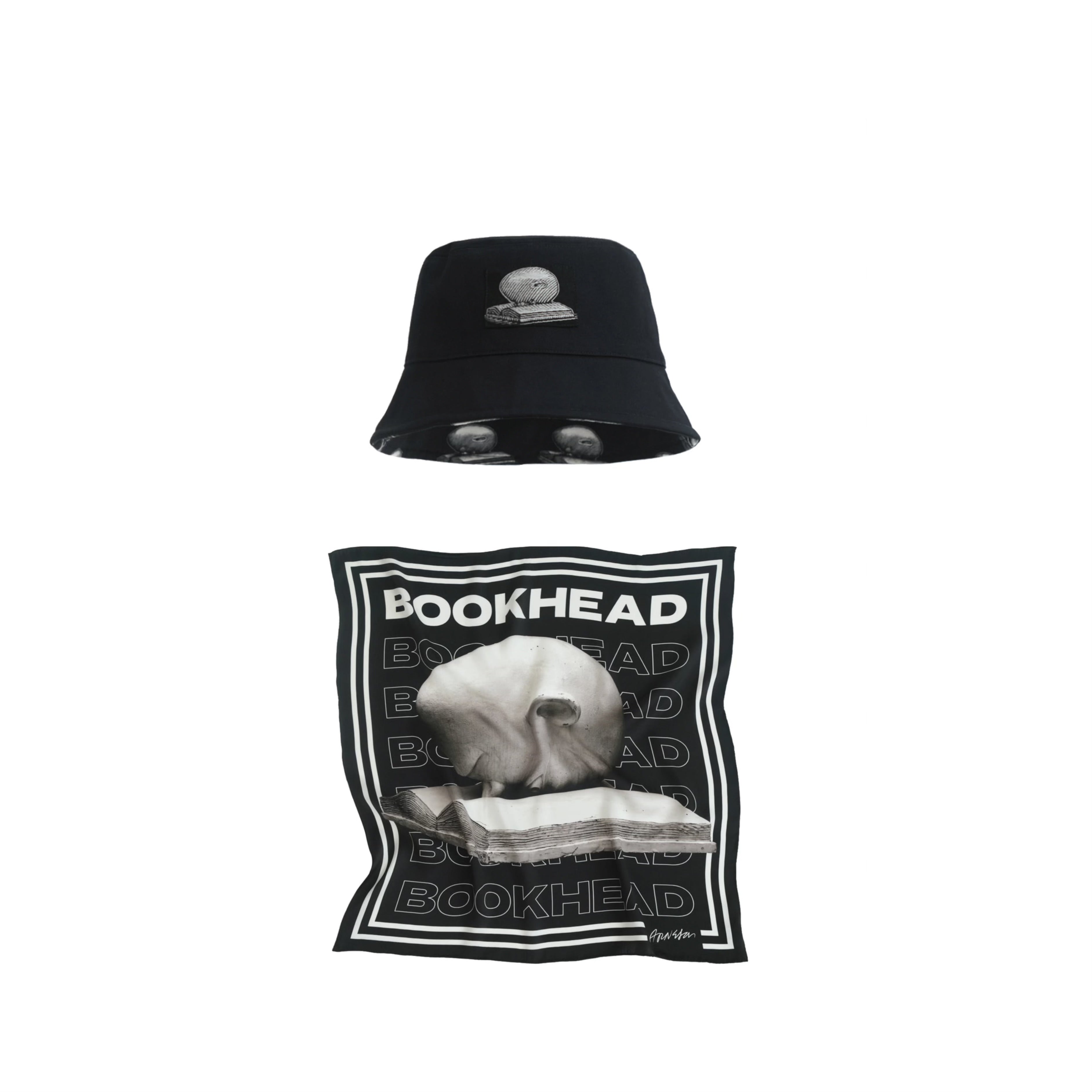 Black Bundle: Black "Bookhead" Bucket Hat & Silk Scarf