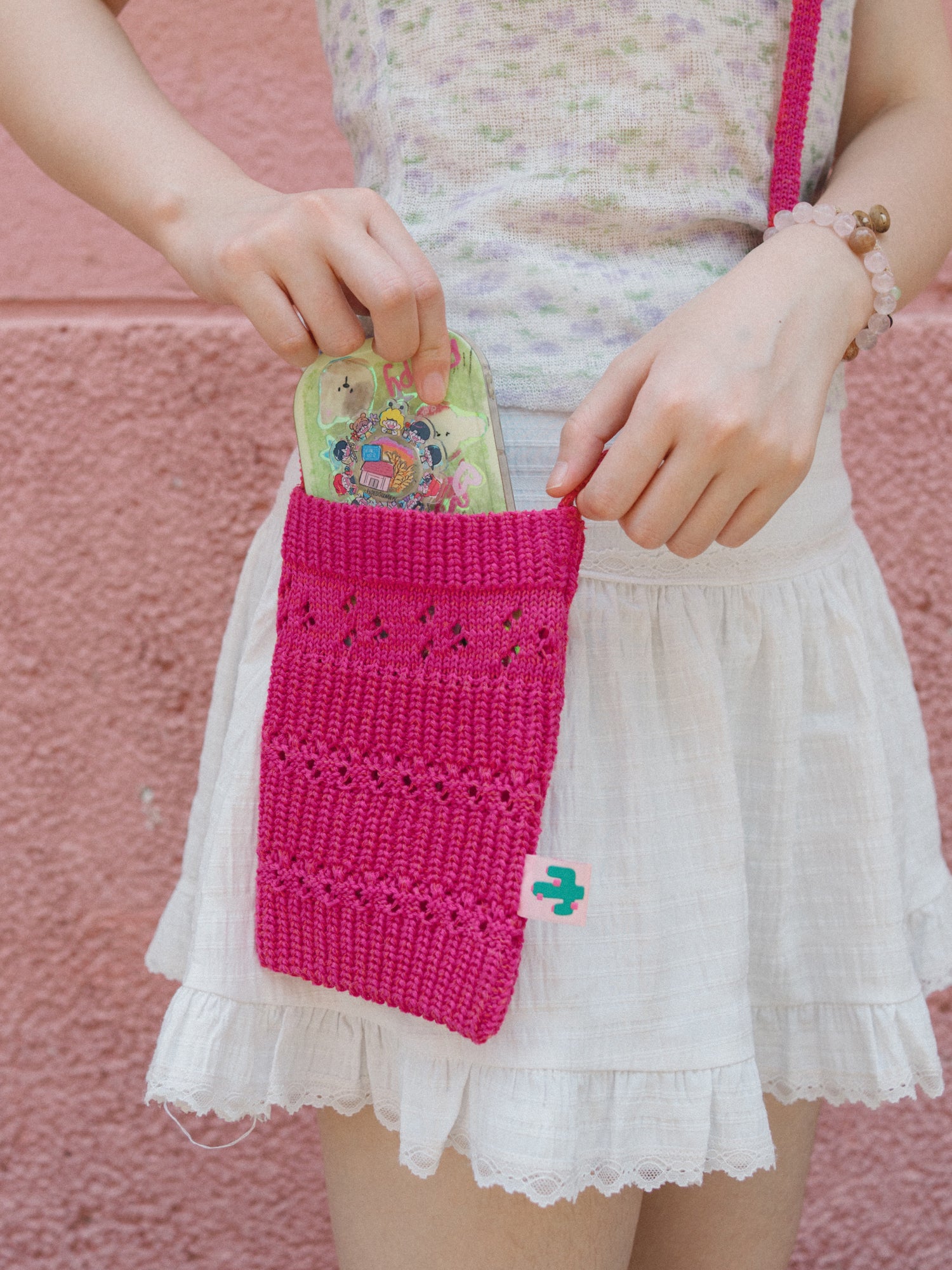 "Cactus" Crochet Crossbody Phone Bag - Fuchsia