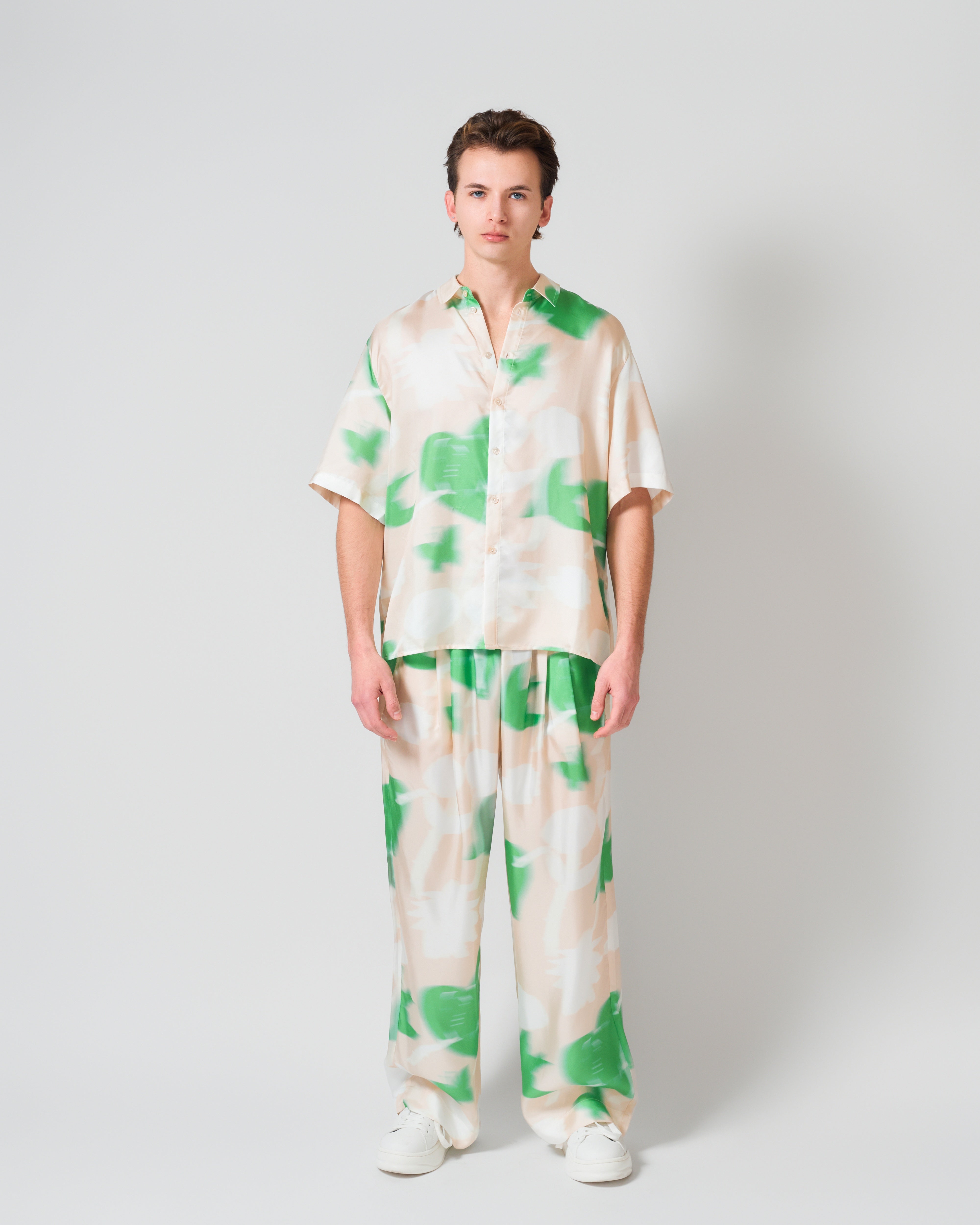 "Frida's Dream " Wide-Leg Silk Palazzo Pants - Green