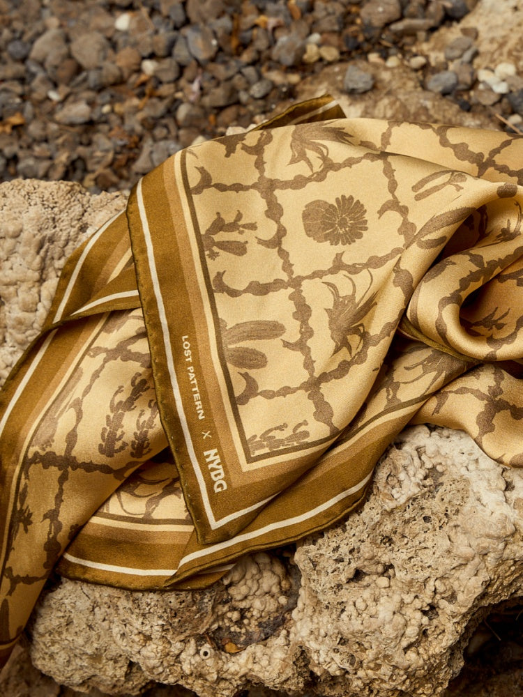 Lost Pattern x NYBG "Oasis Charms" Silk Bandana Scarf  - Coffee