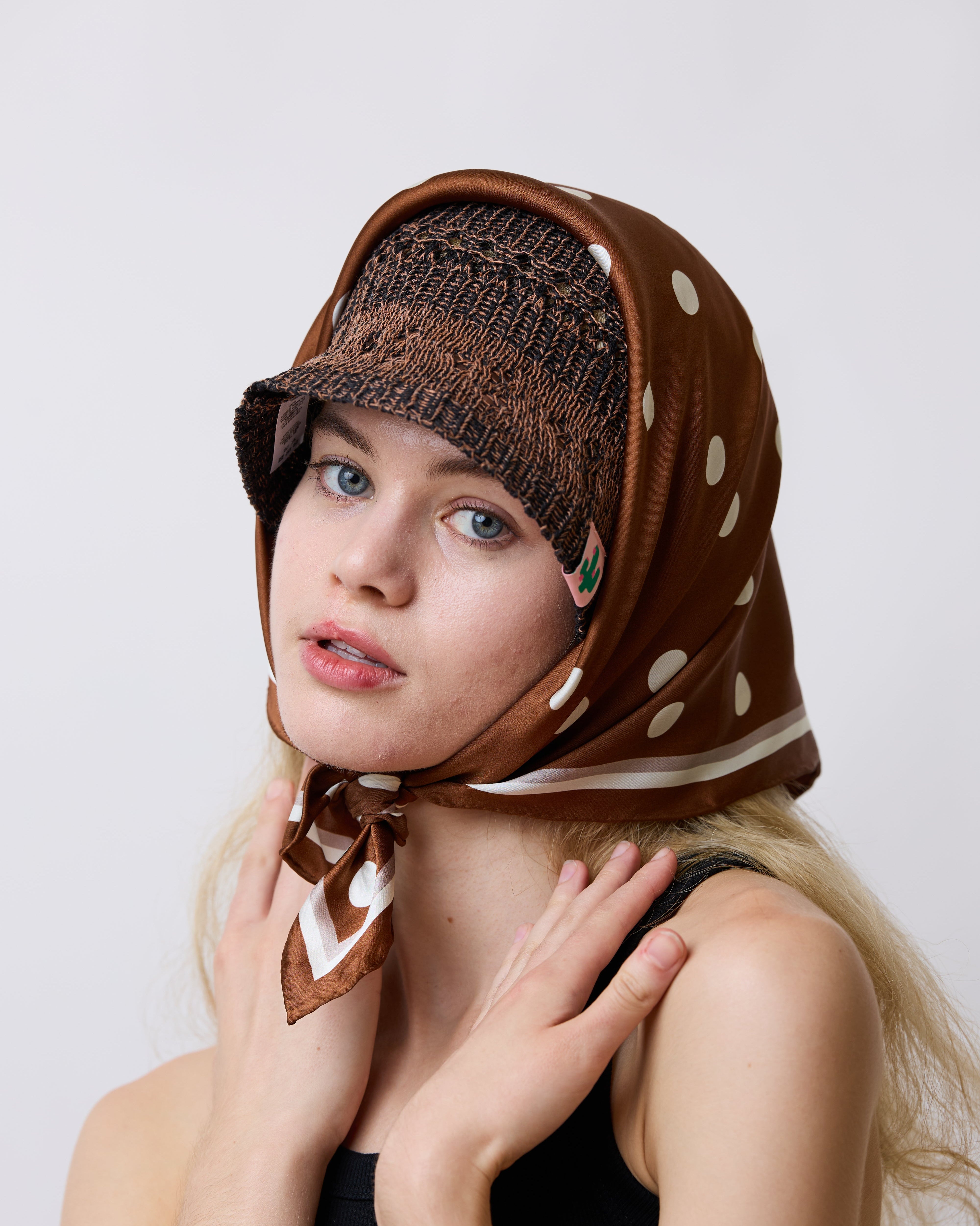 "Retro Polka" Silk Bandana Scarf - Cafe Au Lait