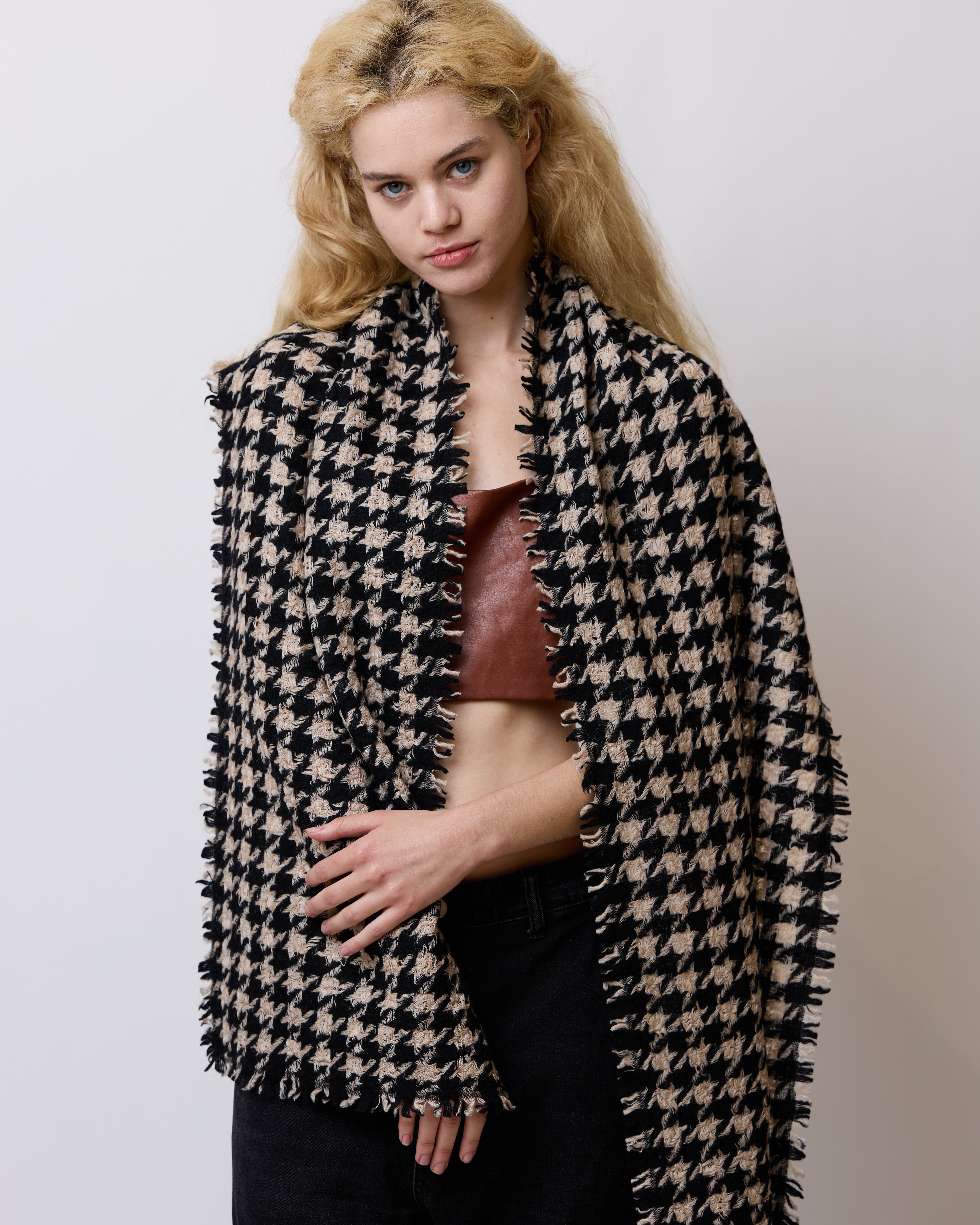 "Houndstooth" Cashmere Scarf - Khaki & Black